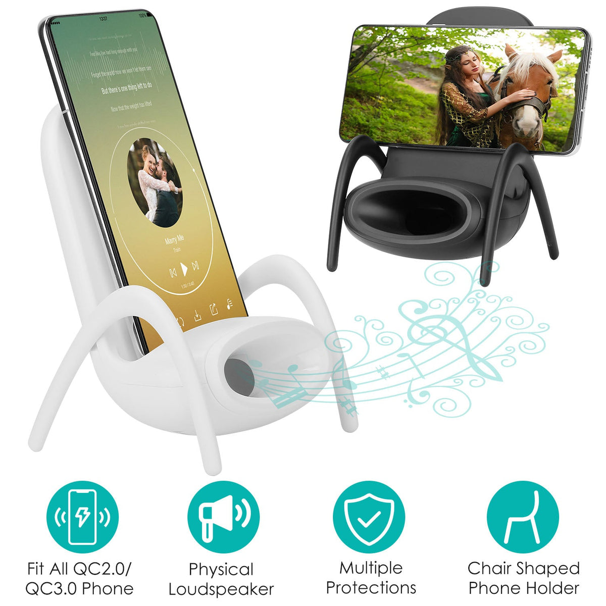 Wireless Charger Portable Mini Chair Phone Holder Stand Bracket with Physical Speaker Fit For All Phone with QC2.0 QC3.0 Standard