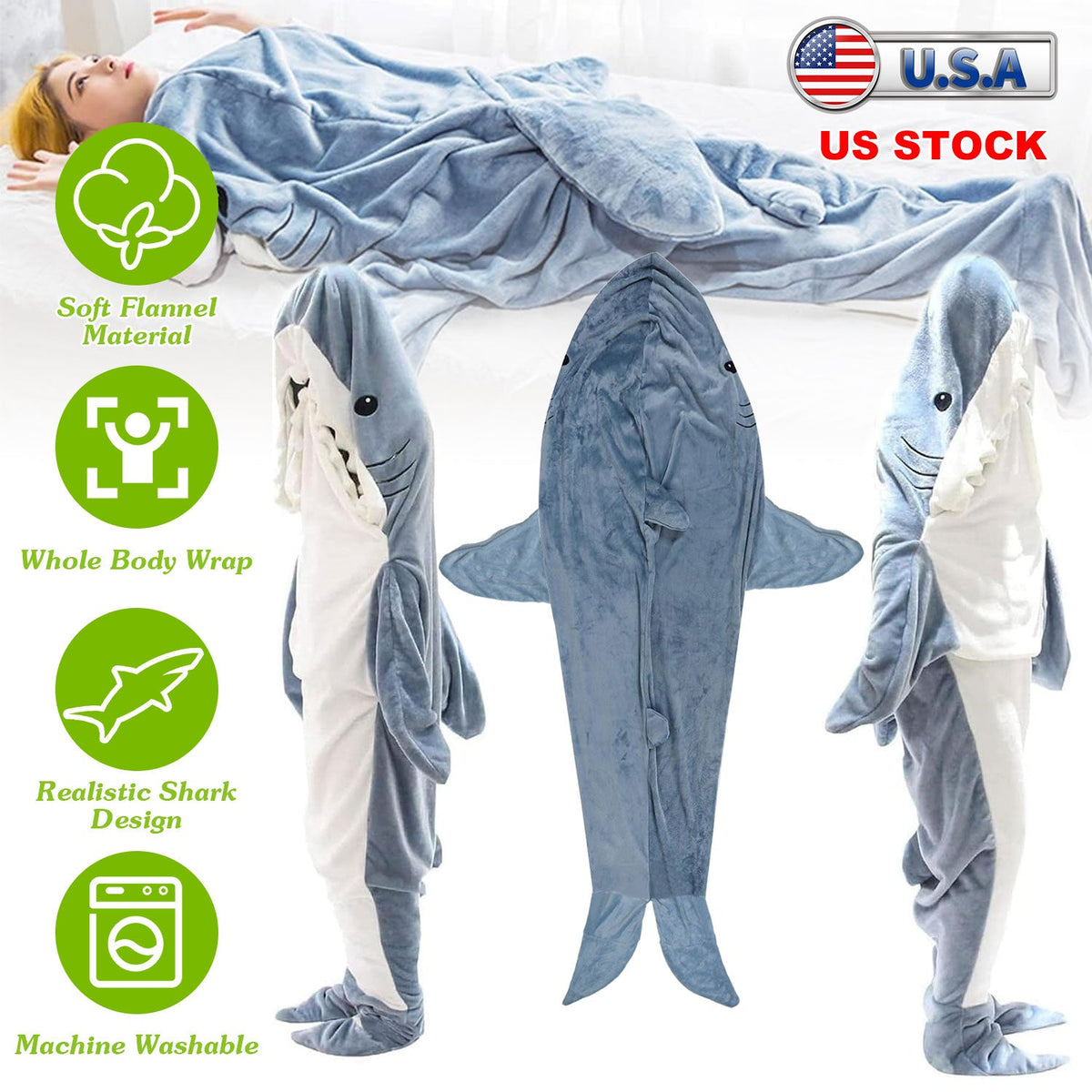 Wearable Shark Sleeping Bag Shark Onesie X-XXL Size Soft Comfortable Flannel Blanket With Zipper Suitable For Adult Children Height 4.2FT to 5.5FT