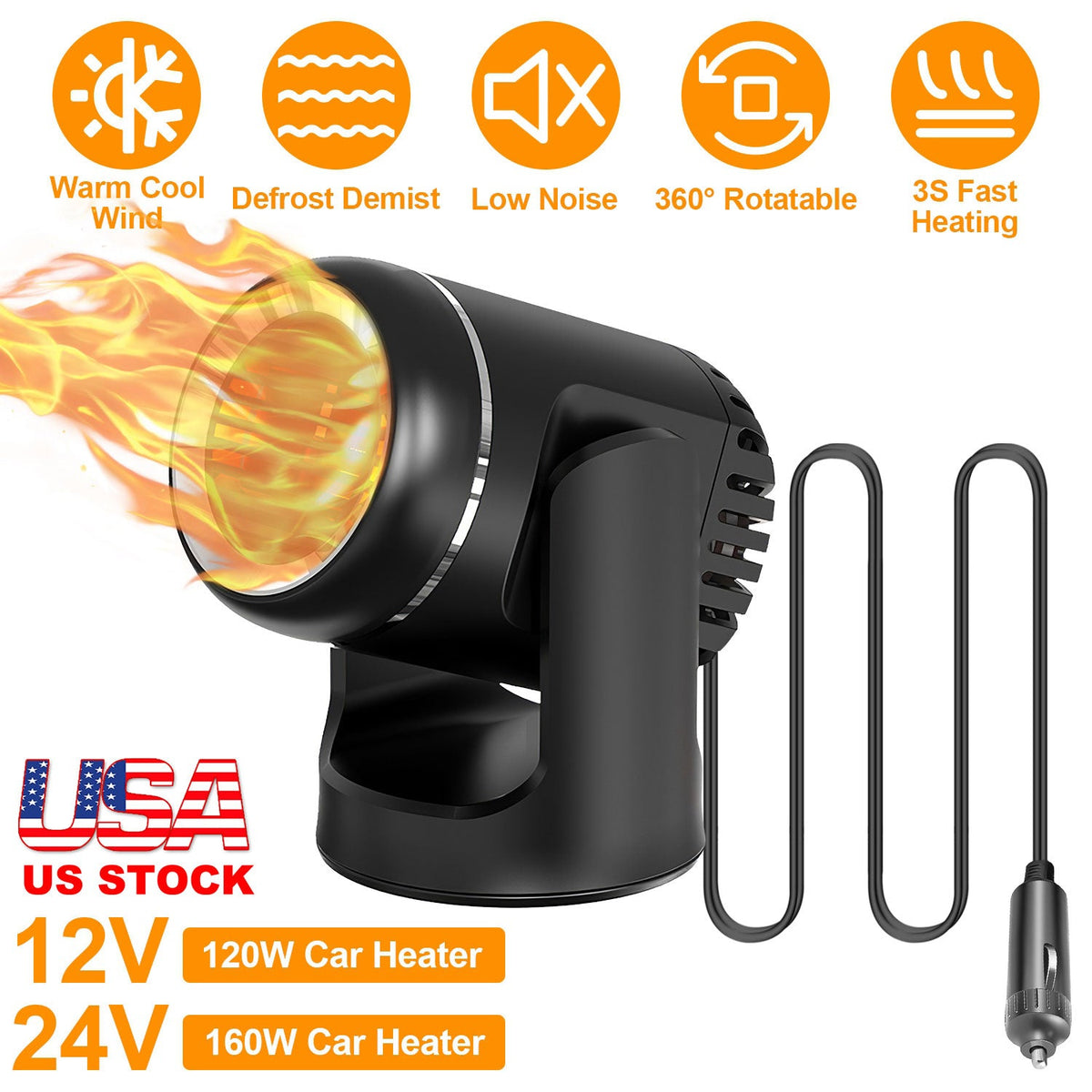 12V 120W Portable Car Heater 2 In 1 Heating Cooling Fan Rotatable Demister Defroster with 4.92ft Cord