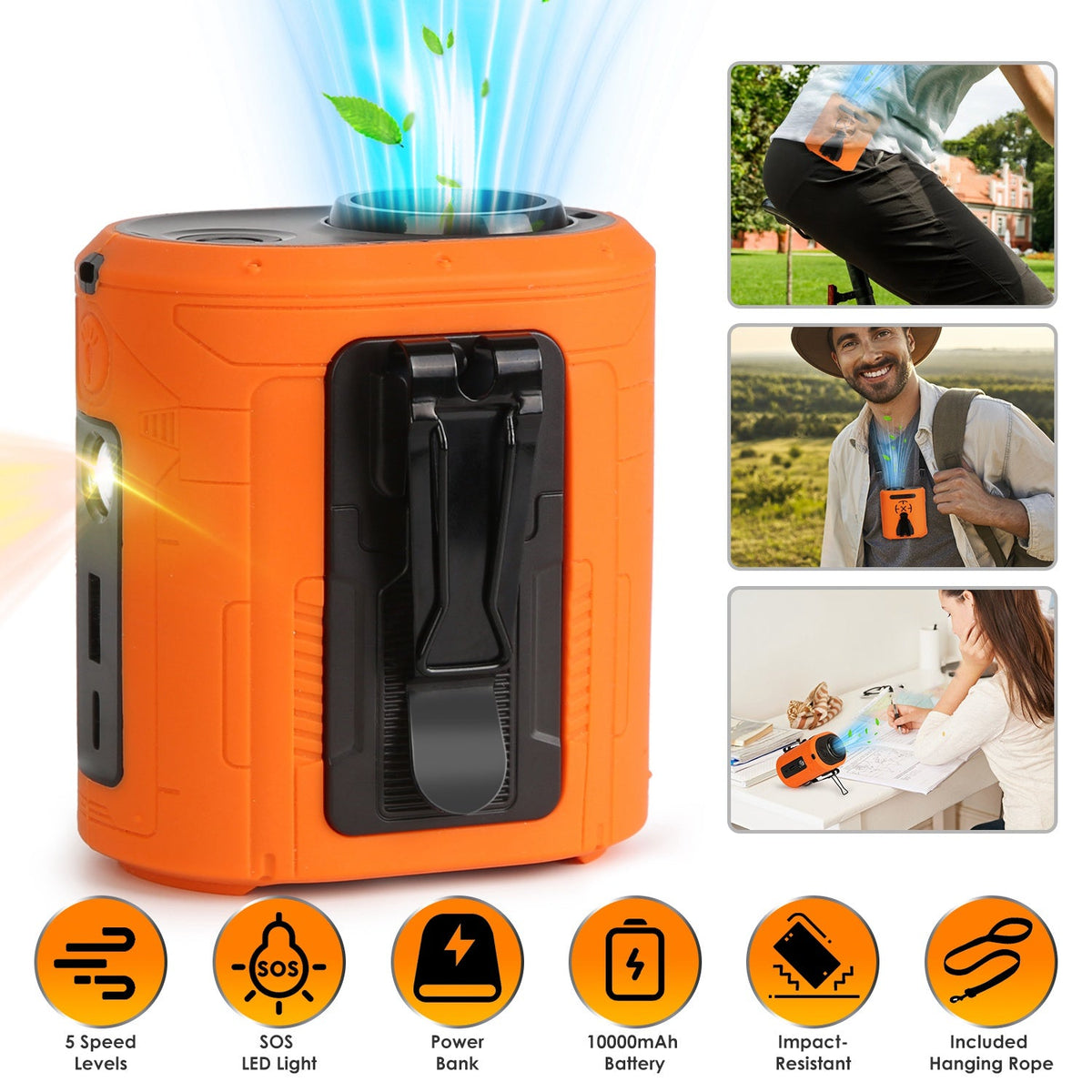 5 In 1 Portable Waist Clip Fan With 5 Speeds Flashlight 10000mAh Battery Operated Personal Wearable Turbo Belt Fan Hands-Free Neck Fan For Camping Tra
