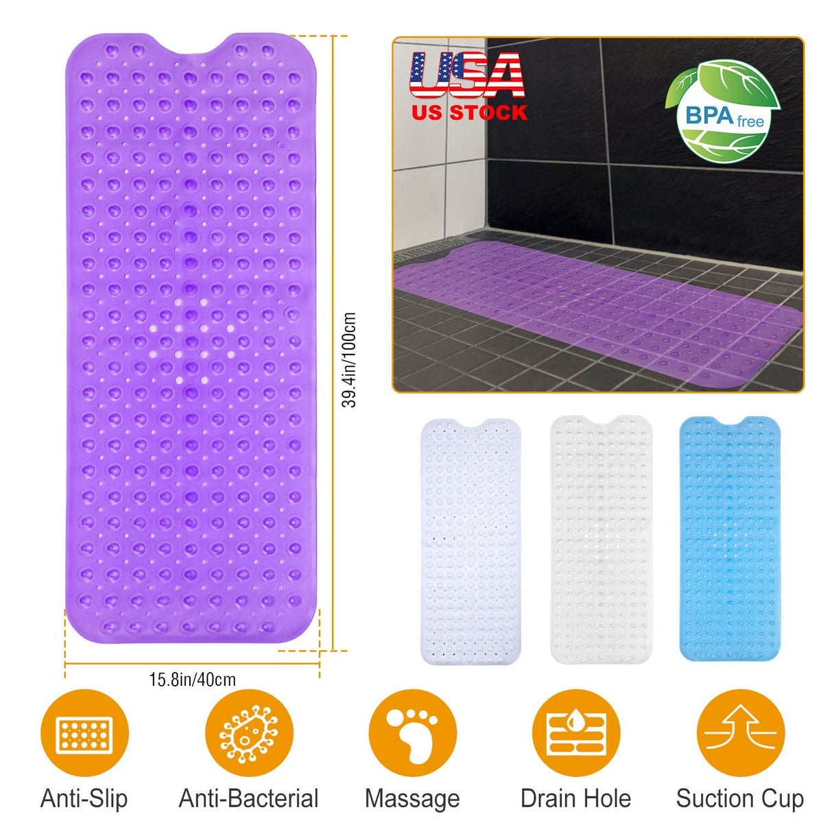 Bath Tub Mat Non-Slip Shower Mat BPA-Free Massage Anti-Bacterial with Suction Cups Washable for Bathroom Kitchen Pool