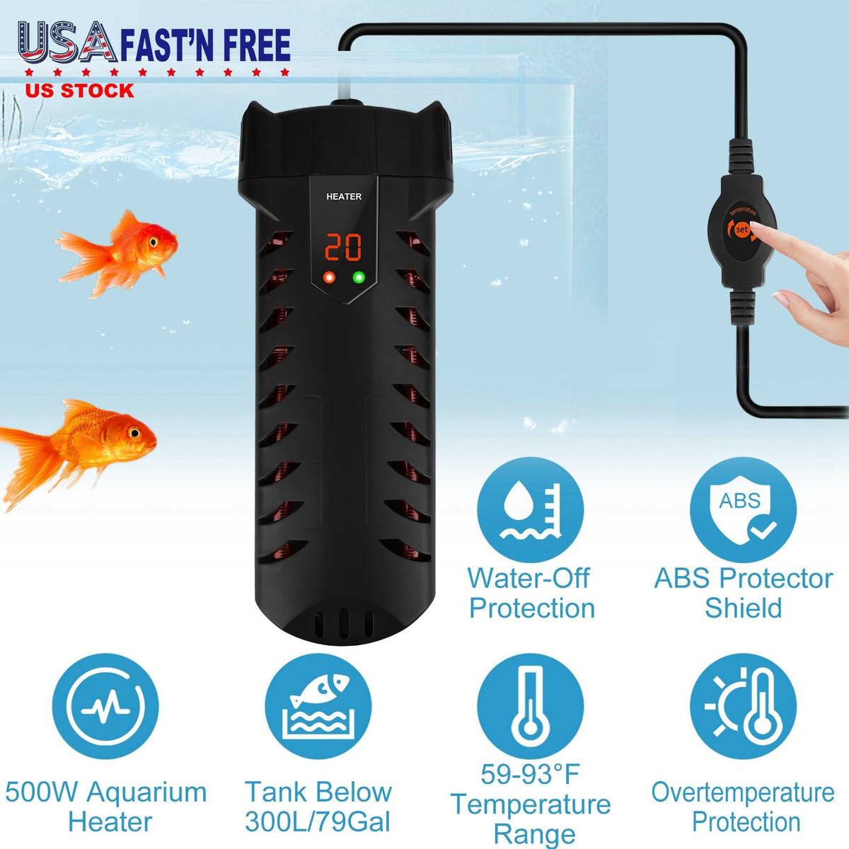 500W Submersible Aquarium Heater Temperature Adjustable External Controller 79Gal Fish Tank Heater Aquarium Thermostat Heater For Freshwater Saltwater