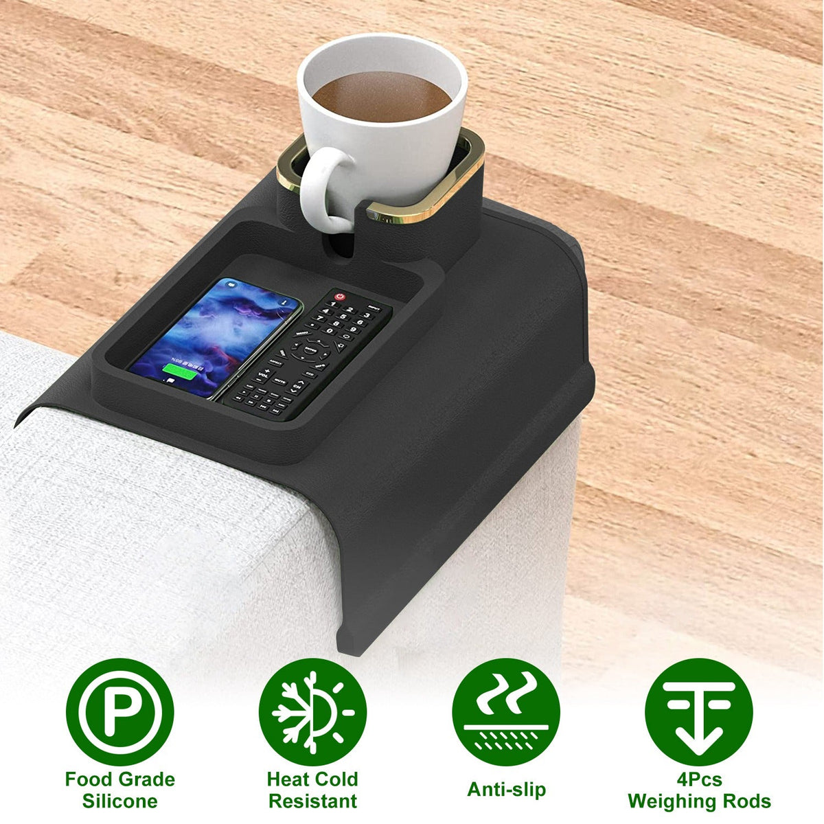 Couch Arm Cup Holder Tray Anti-spill Anti-slip Silicone Armrest Remote Snack Organizer for Coffee Cups Beer Bottles Cans