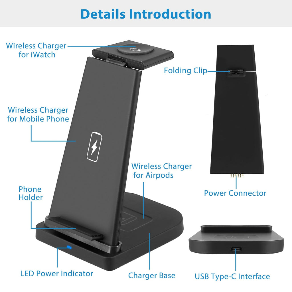 3-in-1 Wireless Qi Enabled Charger Dock 15W Fast Charging Station For iPhone Apple iWatch Series 6/5/4/3/2/1 AirPods 2 AirPods Pro Fit For iPhone Xs M