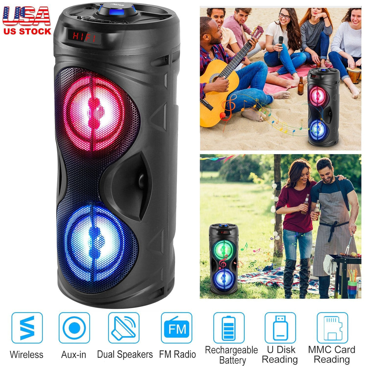 Portable Wireless Party Speaker Karaoke Machine Wireless Speaker with LED DJ Light FM Radio Supports MMC Card/USB Microphone Aux-In for Party Home TV