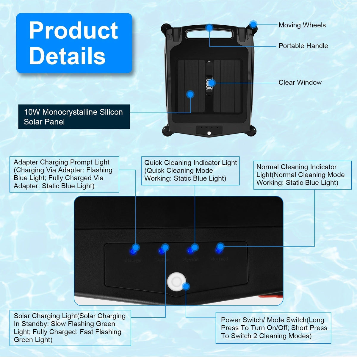 Solar PoweredÊRobotic Pool SkimmerÊAutomatic Swimming Pool Surface Cleaner with 2 Cleaning Modes Dual Charging Methods IPX7 Waterproof 1937sq.ft Cover