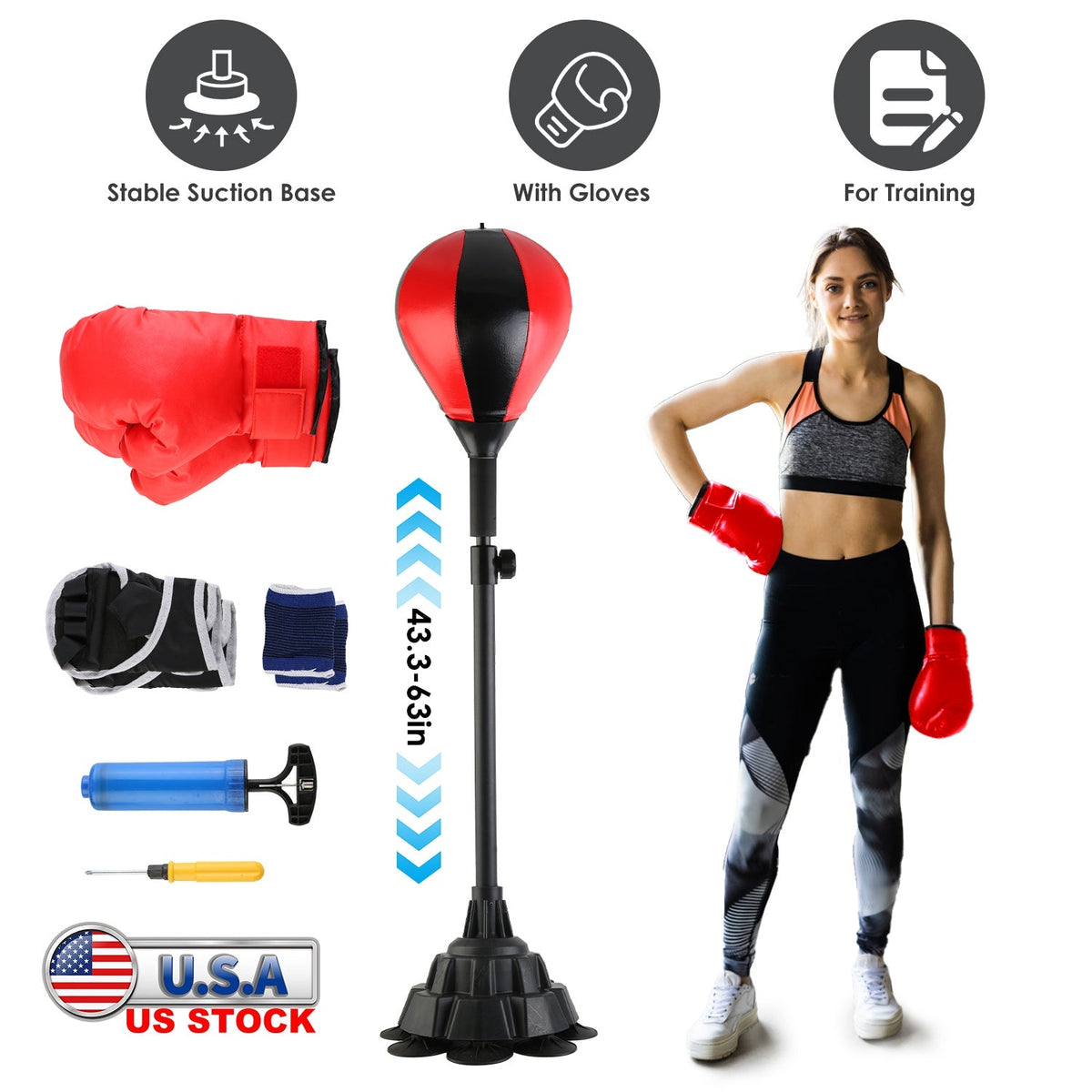 Punching Bag with Stand Free Standing Boxing Ball for Adults 43.3-63in Height Adjustable Boxing Bag with Gloves Wrist Sleeves Stable Suction Base for