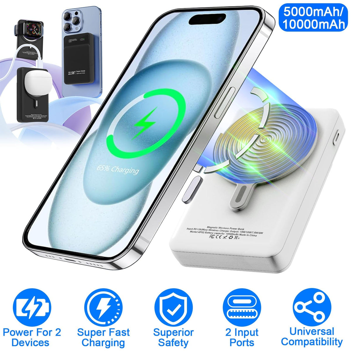 10000mAh Magsafe 3 In 1 Portable Charger PD22.5W Magnetic Fast Charger Fast Charging Power Bank Fit For IOS Phone 15/14 Samsung Galaxy S24 And More