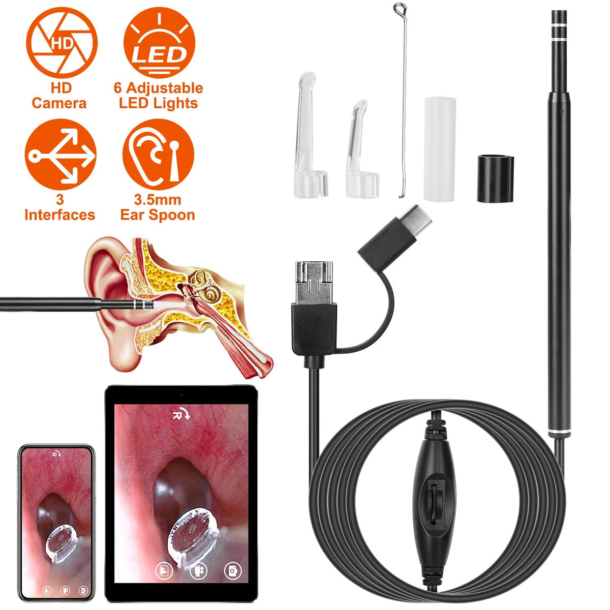 Ear Endoscope Wax Remover Tool HD Remover Ear Pick Camera Otoscope Cleaner Spoon with 6Pcs LED Lights