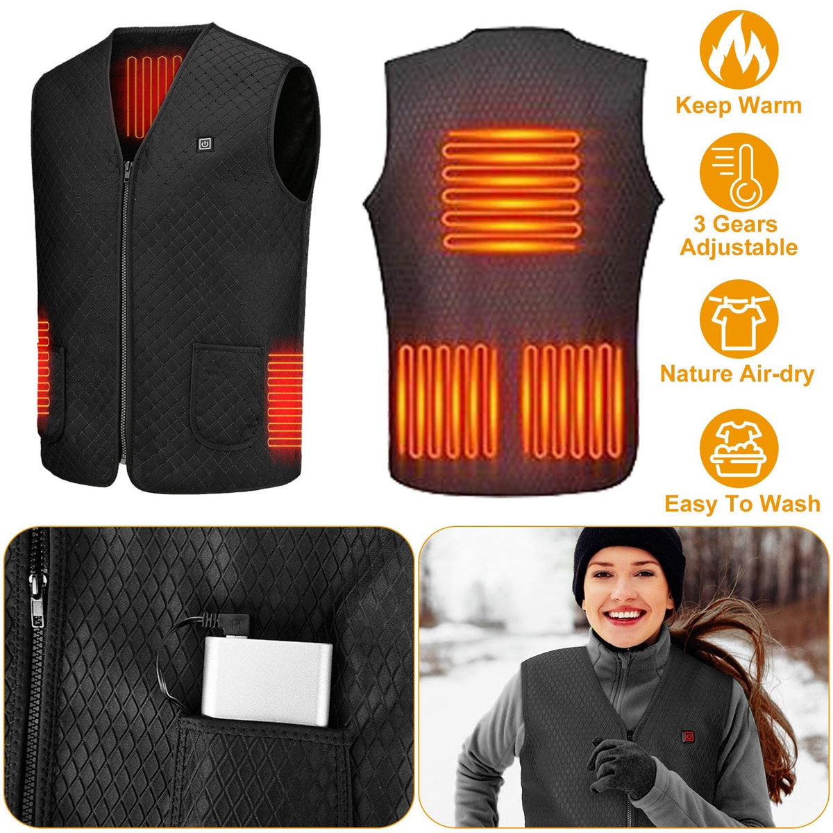 Heat Jacket Vest 3 Heating Gear Adjustable USB Heated Vest Warm Heat Coat Vest w/ 5 Heating Zones For Men Women Winter Outdoor Activity