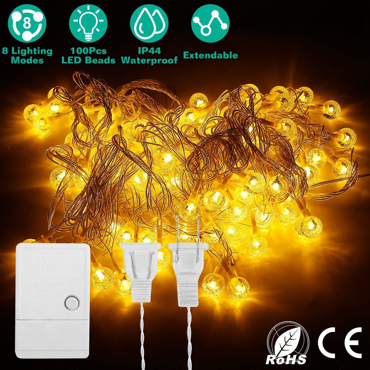 32.8Feet Globe String Lights 100 Ball LED Fairy Lamps IP44 Waterproof Decorative Lights with 8 Lighting Modes for Garden Lawn Patio