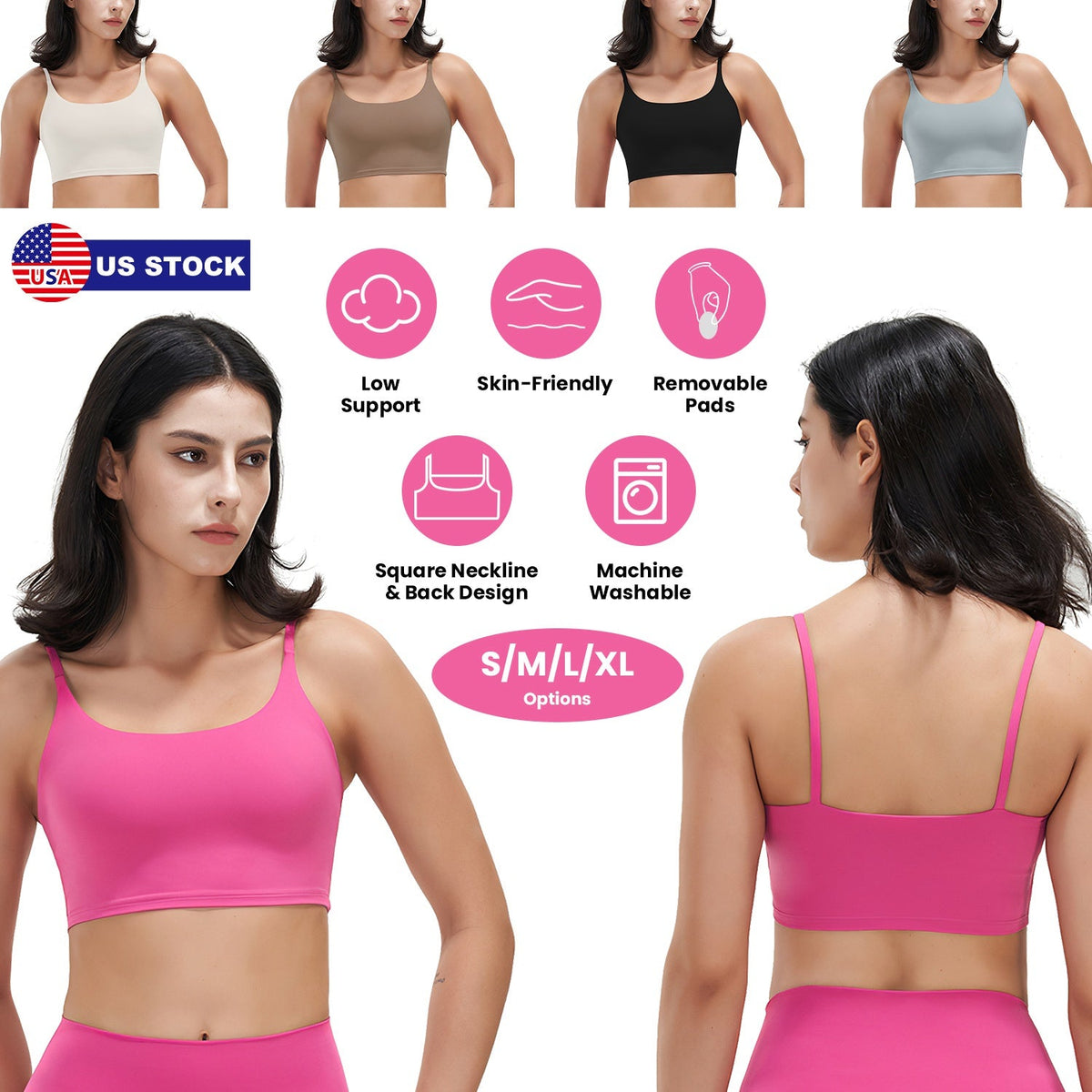 Women Strap Sport Bras Padded StrappyÊCrop Square Neck Low Impact Bras SexyÊFitnessÊTank Tops with Removable Pads Flat Straps for Gym Yoga Workout Run