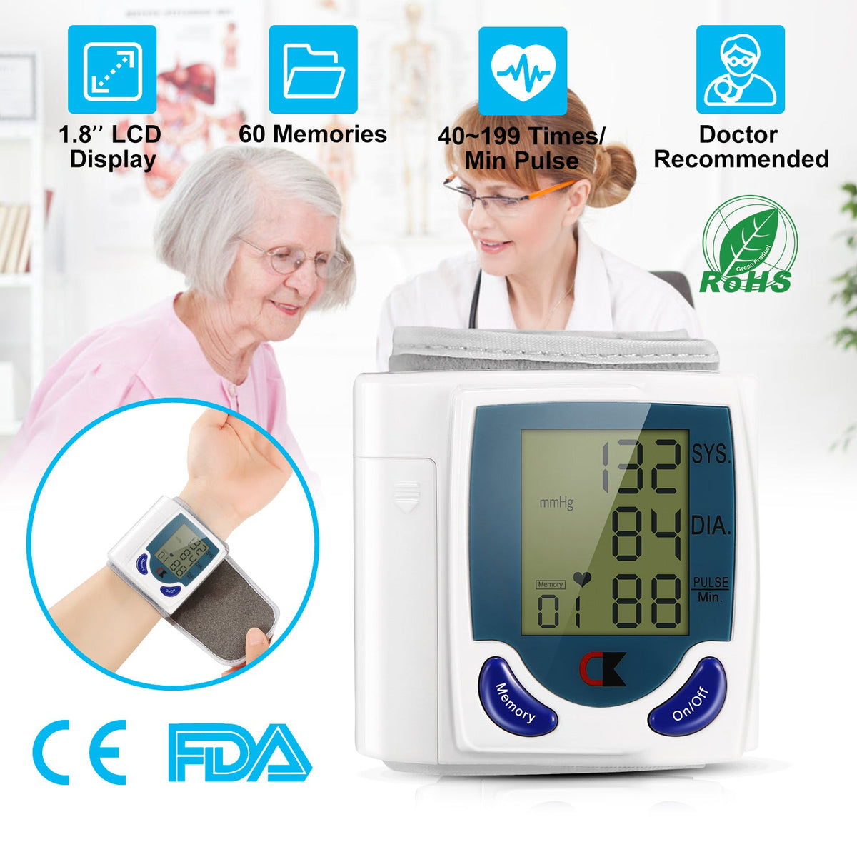 Blood Pressure Monitor Wrist Digital High Blood Pressure Cuff Heartbeat Tester w/ 60 Reading Memory 1.8 Inches LCD Screen Storage Box