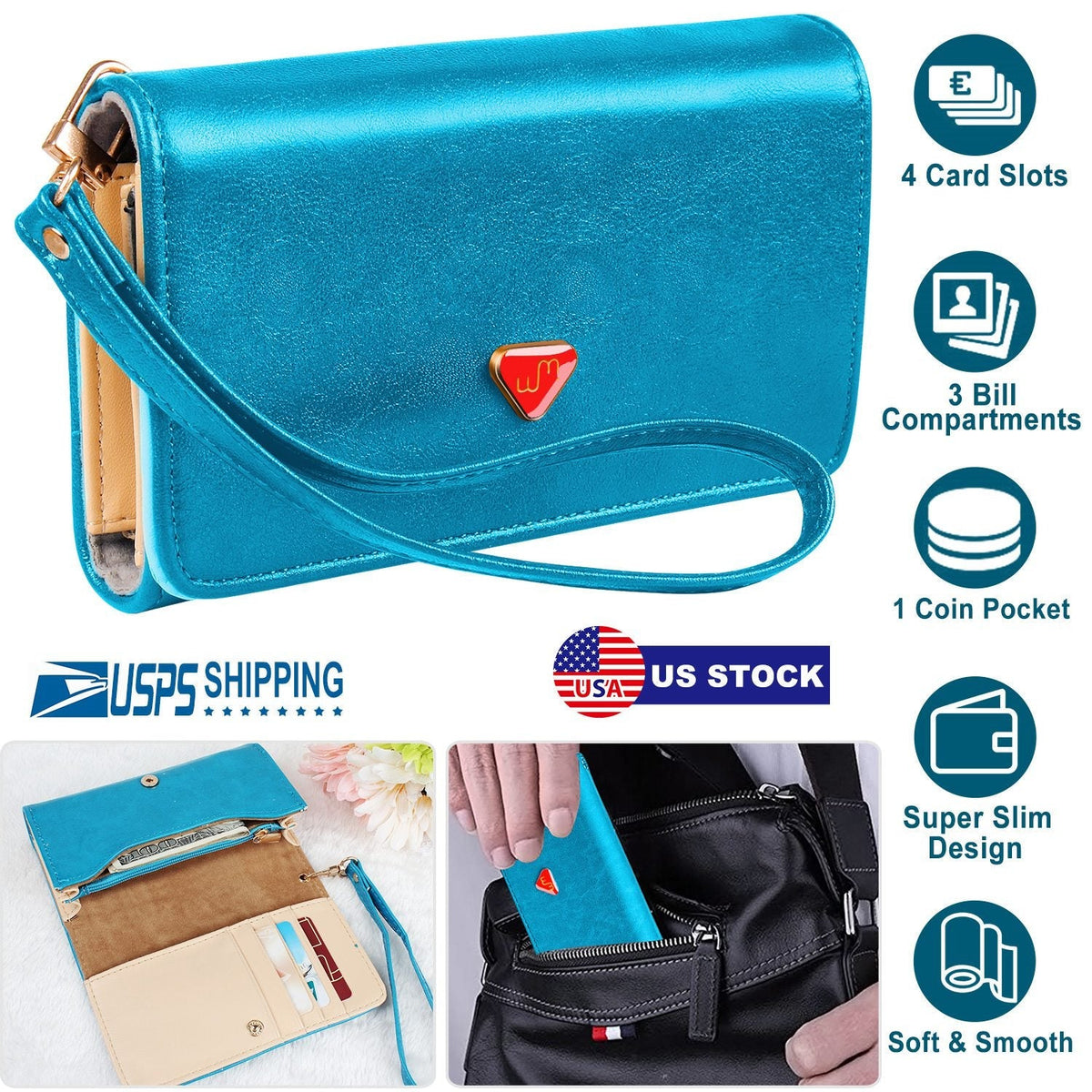 Women Wristlet Wallet PU Leather Lady Purse Credit Card Holder 4 Card Slots 3 Money Pouches 1 Coin Pocket