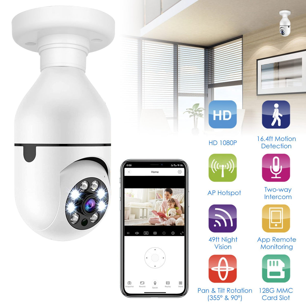 E27 WiFi Bulb Camera 1080P FHD WiFi IP Pan Tilt Security Surveillance Camera with Two-Way Audio Night Vision Motion Detection Function APP Control