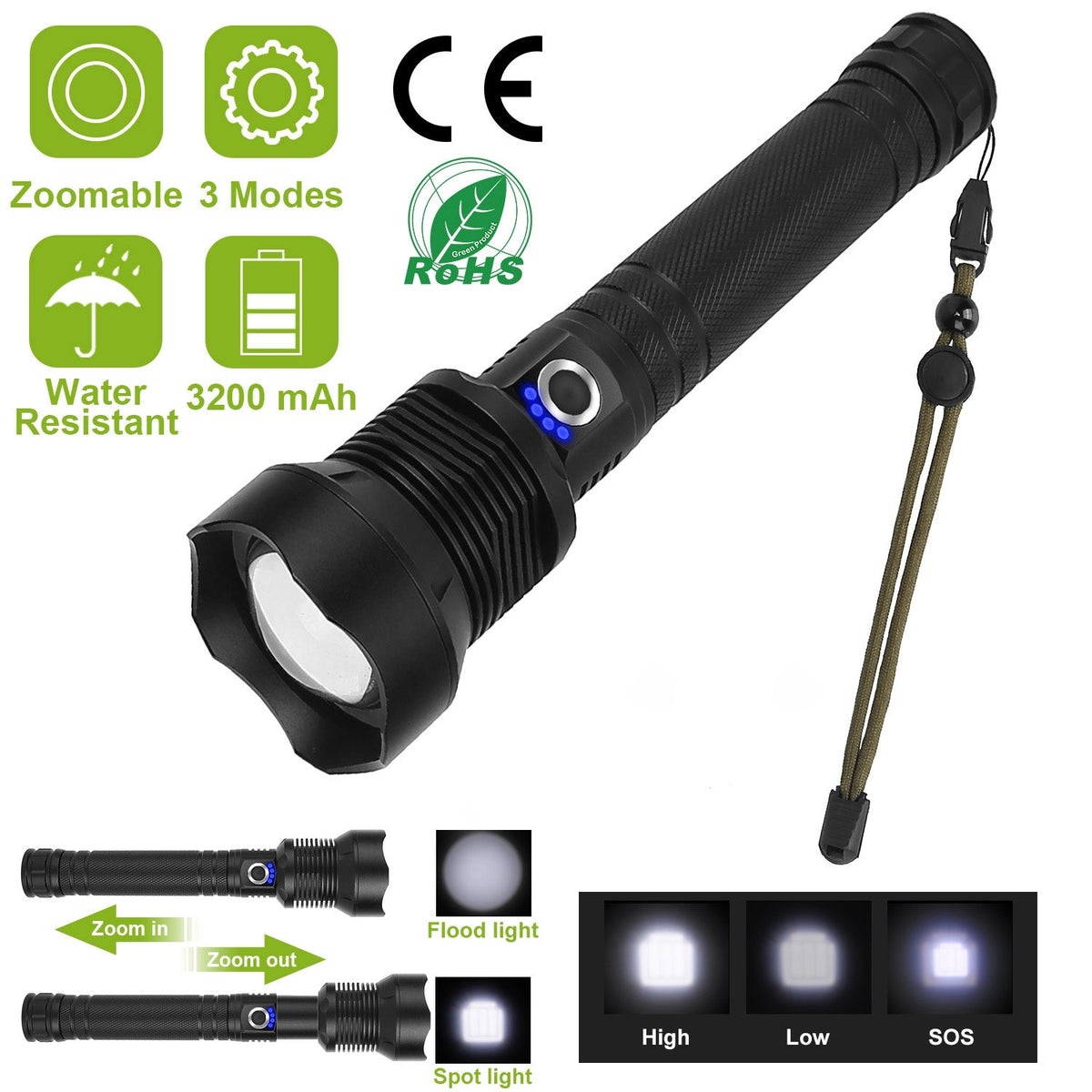 LED Tactical Flashlights 30000LM USB Rechargeable Flashlight Water-Resistant Zoomable LED Torch w/ 3 Modes SOS 3200mAh Battery Handheld Flashlights fo
