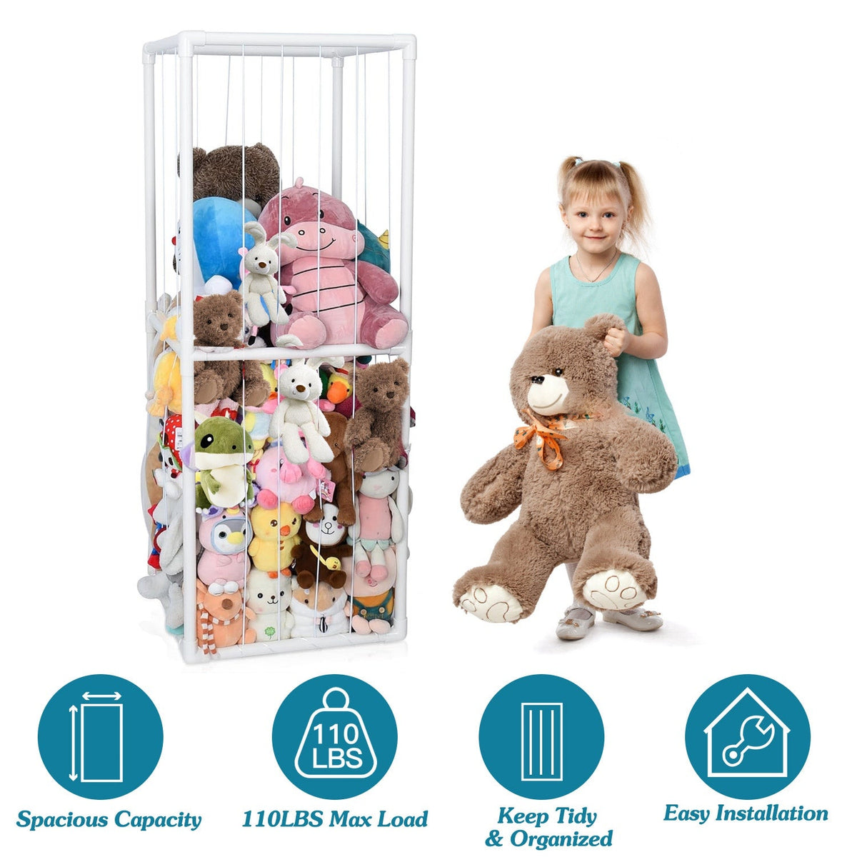 Stuffed Animal Storage PVC Plush Organizer Shelf Plush Stuffed Animal Holder Standing Kids Toy Storage Cage with Elastic Band for Nursery Play Room Be