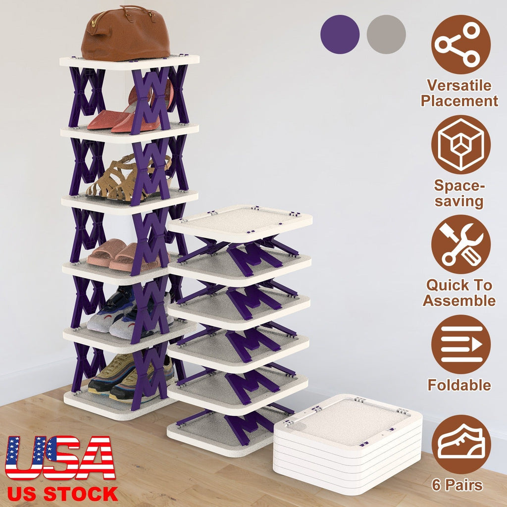 6 Tier Foldable Shoe Rack Vertical Shoe Organizer Narrow Shoe Rack for Small Spaces Space Saving Free Standing for Corner Entryway Hallway Bedroom