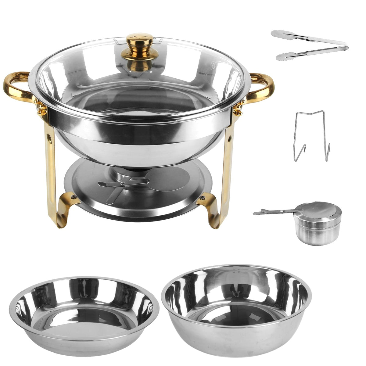 4Pcs Chafing Dish Buffet Set 4.76QT Round Buffet Servers Food Warmer Stainless Steel Catering Chafer with Glass Lid for Warming Cooling Gatherings Ban