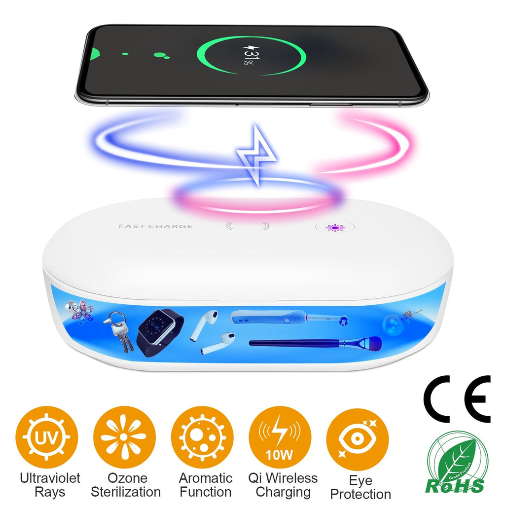 UV Light Sanitizer Box Portable 10W Phone Wireless Charging Disinfection Lamp w/ Aroma Diffuser Sterilizing Box For Jewelry Watch Wallet Keys