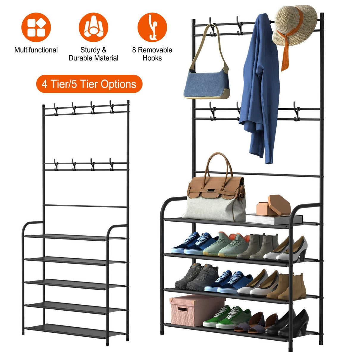 Entryway Coat Hat Rack Shoe Storage Shelf 4 Tier Shoe Rack Freestanding Hall Tree Garment Hanger Stand Clothes Shoe Organizer Combo