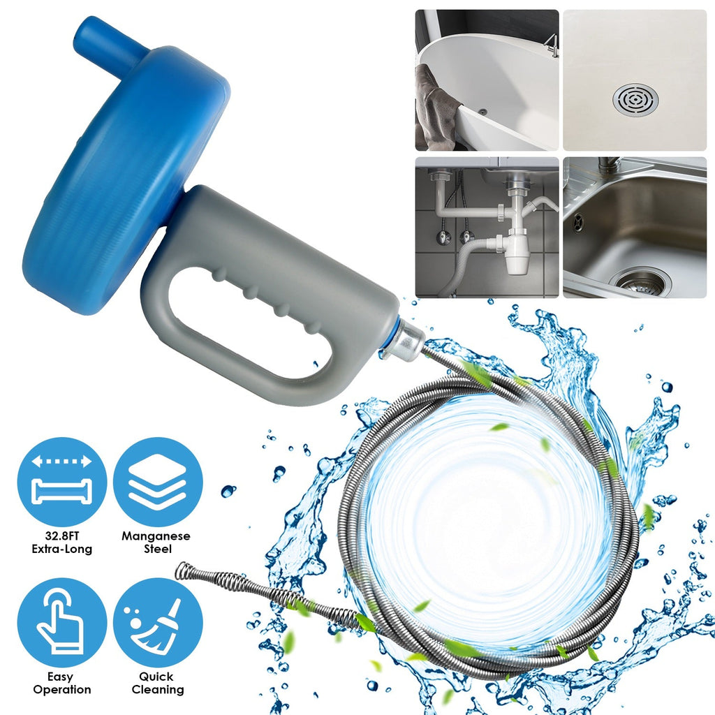 32.8FT Drain Snake Auger Plumbing Snake Hair Clog Remover For Sewer Sink Bathtub Shower Kitchen Bathroom Drain Clog Remover