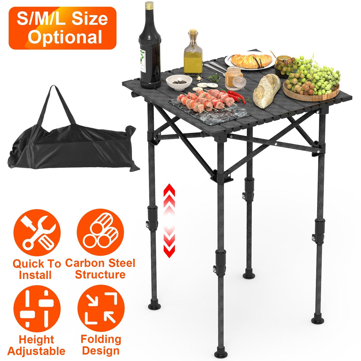 Portable Folding Camping Table With Adjustable Height Rustproof Carbon Steel Foldable Roll-Up Camping Table for Picnic Camping Hiking Beach BBQ 55LBS