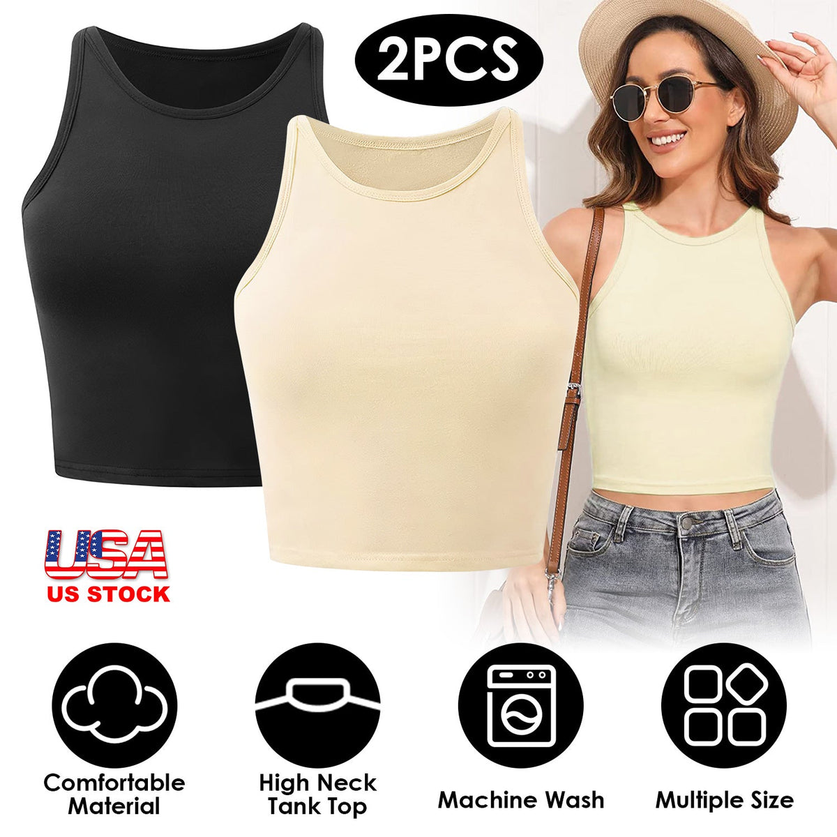 Women Sleeveless Cropped Tank Top High Neck Crop Racer Back Workout Top Machine Washable Summer S M L XL 2XL