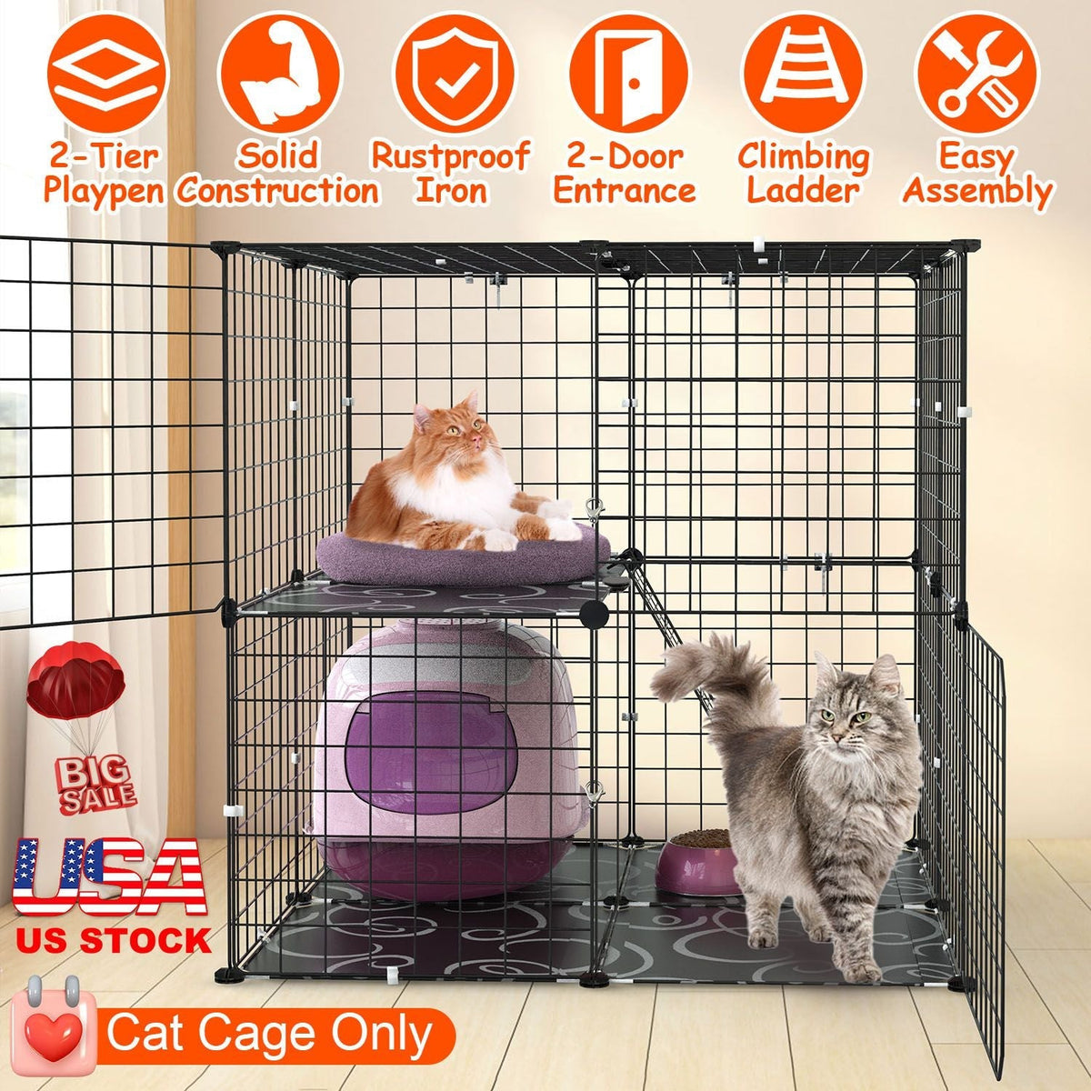 2-Tier Cat Cage Playpen with Ladder & 2 Doors for Indoor Pets