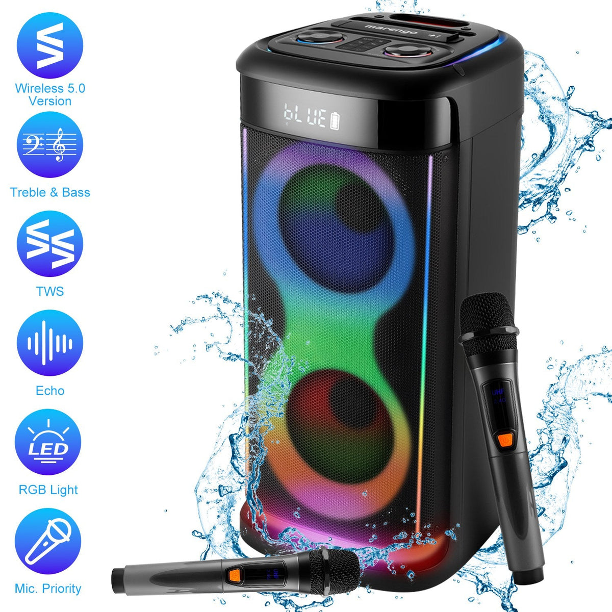 Portable Wireless Party Speaker | LED Lights, 2 Wireless Mics, Remote, TWS & Guitar Input