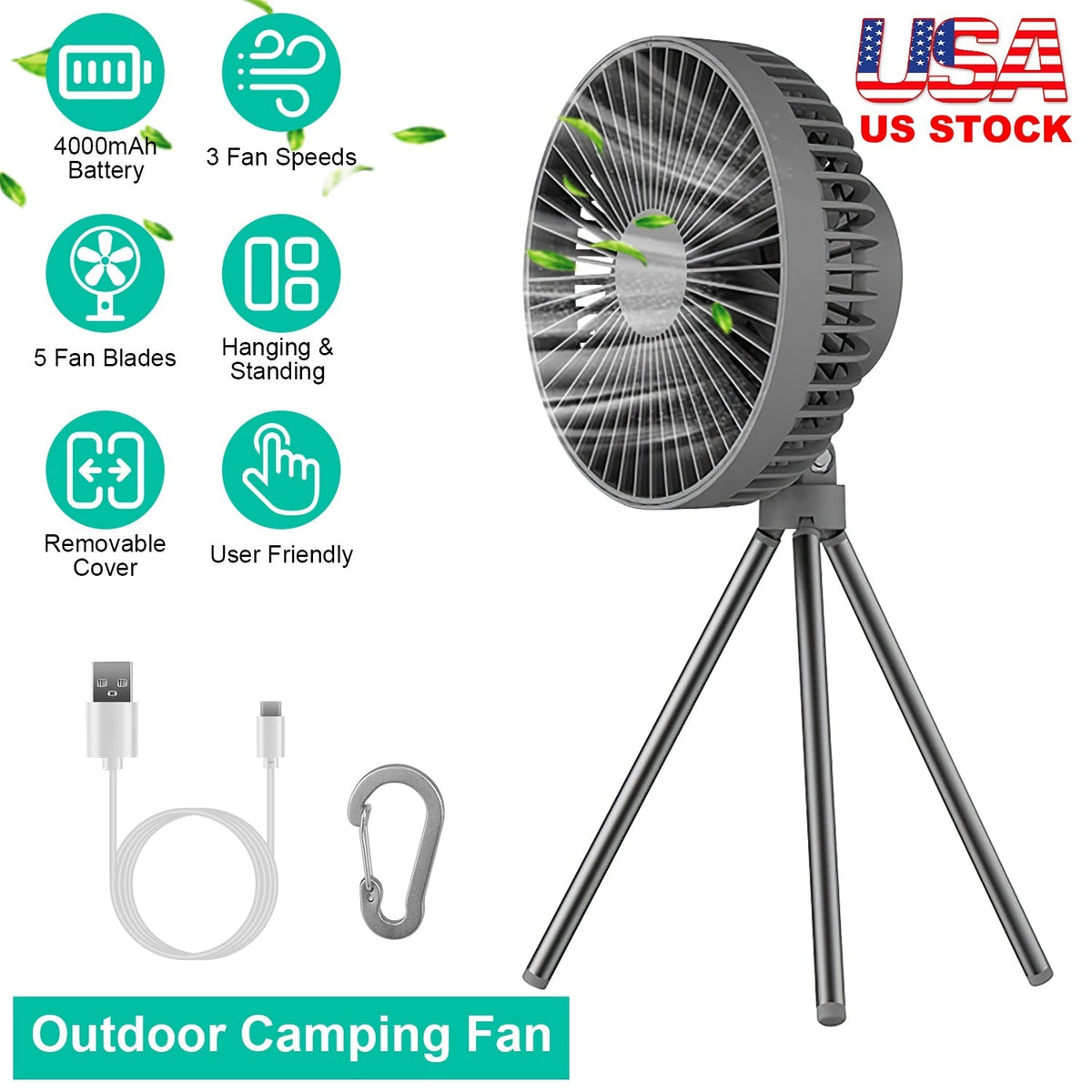 Portable Camping Fan Rechargeable Battery Powered Foldable Tripod Fan for Tent with Hanging Hook Carabiner Personal Desk Fan with 3 Speed Setting for
