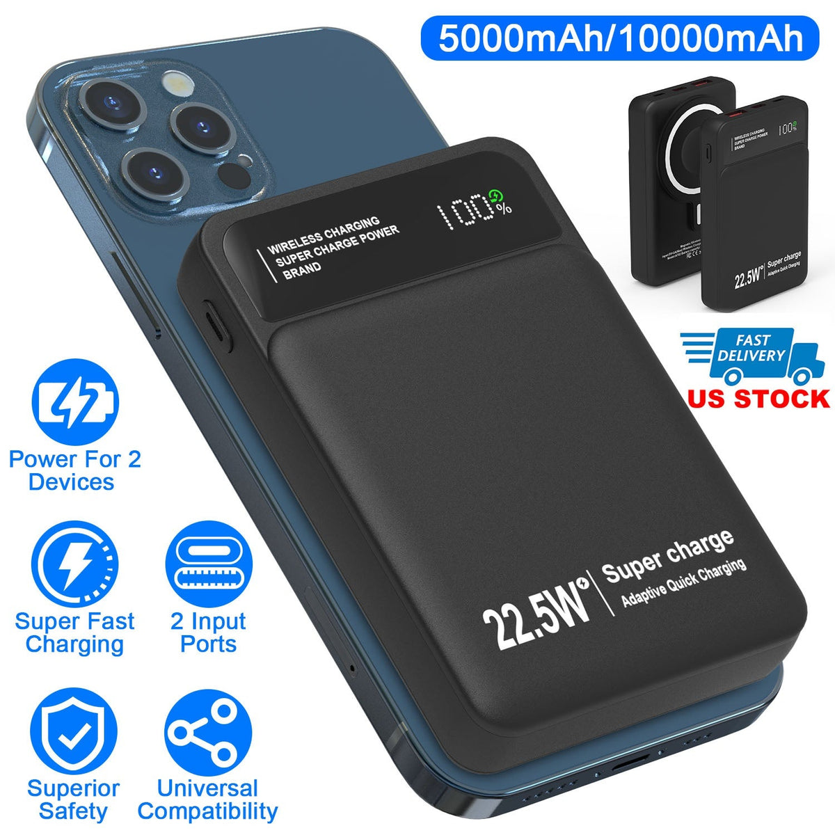 10000mAh Magsafe 3 In 1 Portable Charger PD22.5W Magnetic Fast Charger Fast Charging Power Bank Fit For IOS Phone 15/14 Samsung Galaxy S24 And More