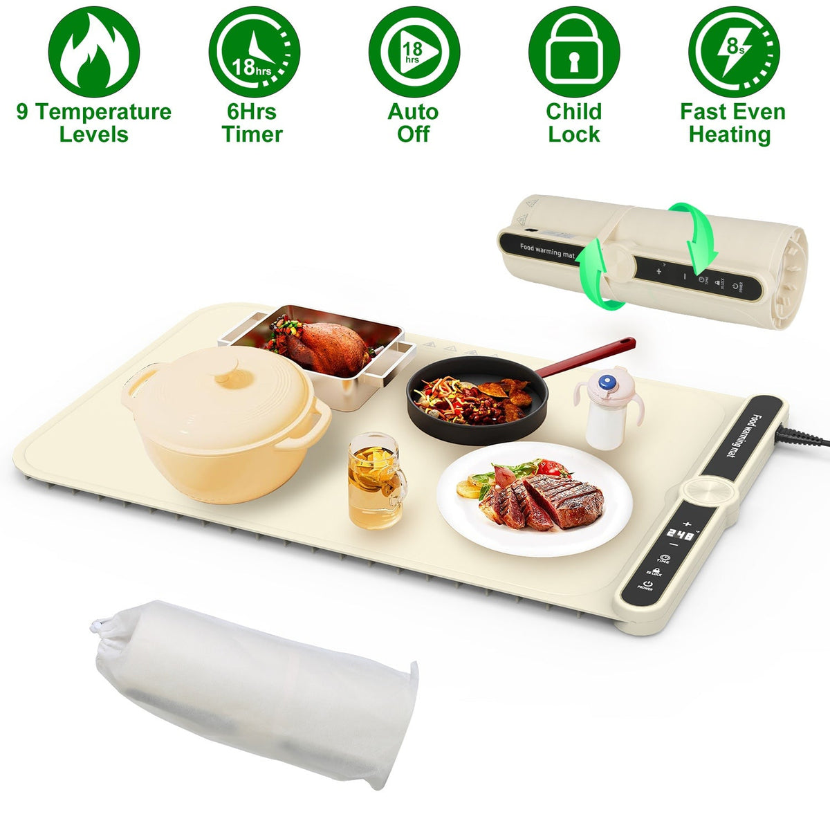 Silicone Food Warming Mat With 9 Temperature Levels 6Hrs Timer Child Lock Auto Shut Off Roll-Up Electric Warming Tray For Party Buffet Gathering Daily