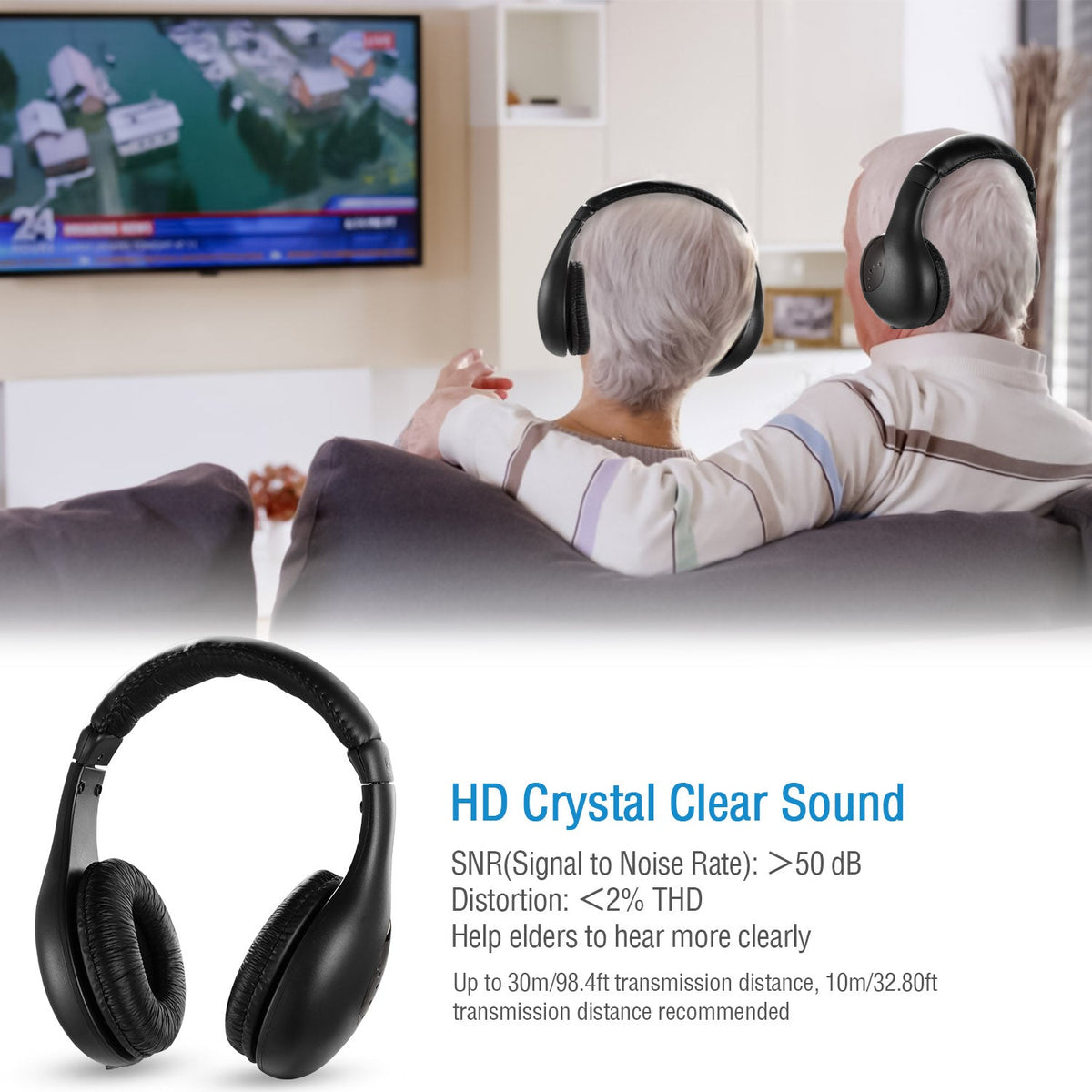 Wireless RF Headphones HiFi Over-Ear Headsets RF Transmitter Receiver w/ MicY-shaped Cable Monitoring Earphone 98.4ft Range for TV Radio CD