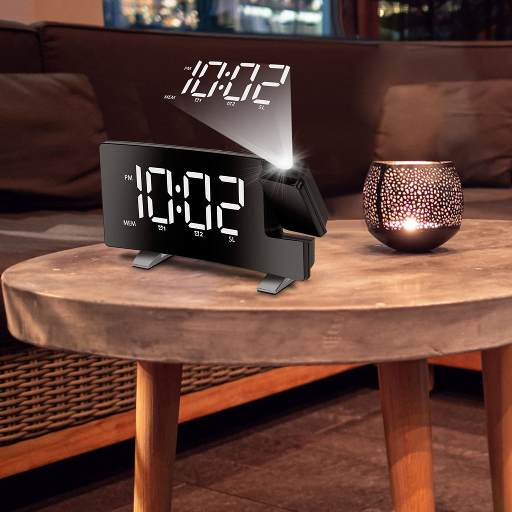 Projection Alarm Clock with Radio Function 7.7In Curved-Screen LED Digital Alarm Clock w/ Dual Alarms 4 Dimmer 12/24 Hour USB Charging Port 180¡ Rotat