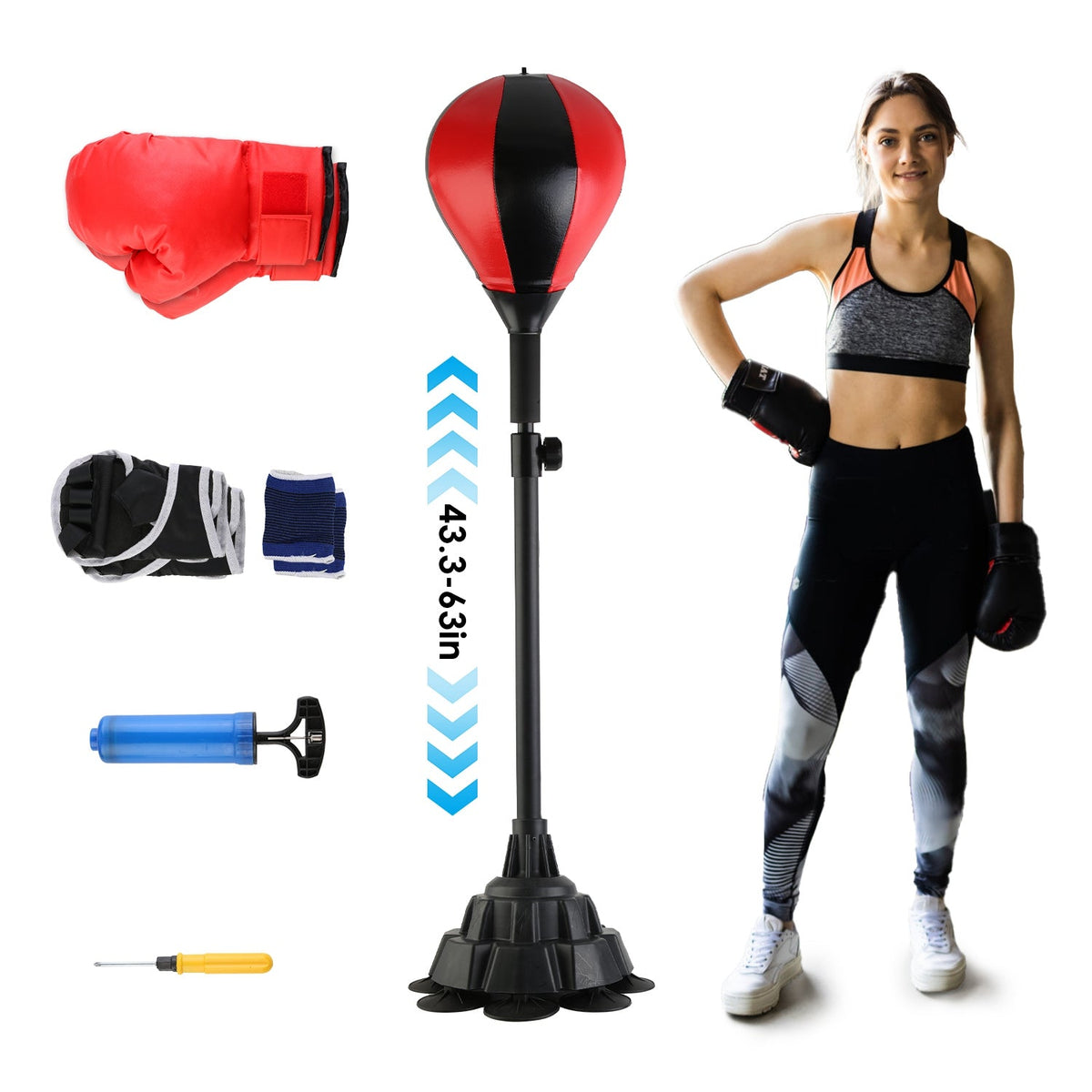 Punching Bag with Stand Free Standing Boxing Ball for Adults 43.3-63in Height Adjustable Boxing Bag with Gloves Wrist Sleeves Stable Suction Base for