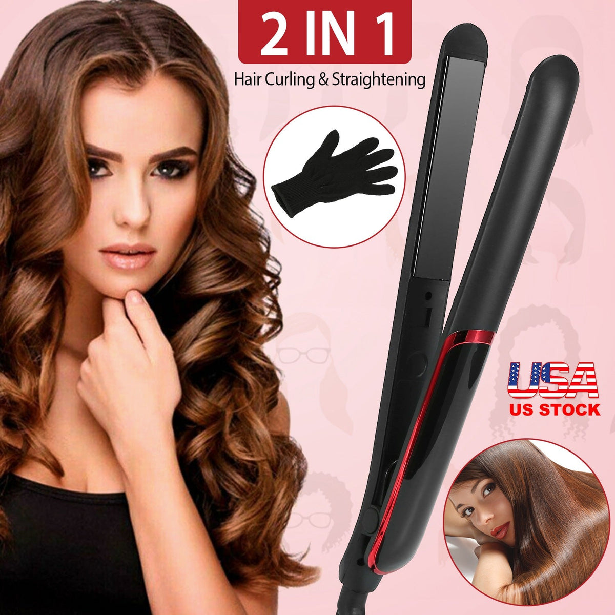 Hair Straightener Curling Iron 2 In 1 Twist Hair Straightener Ceramic Plate Hair Curler w/ Temperature Adjust LCD Display Glove