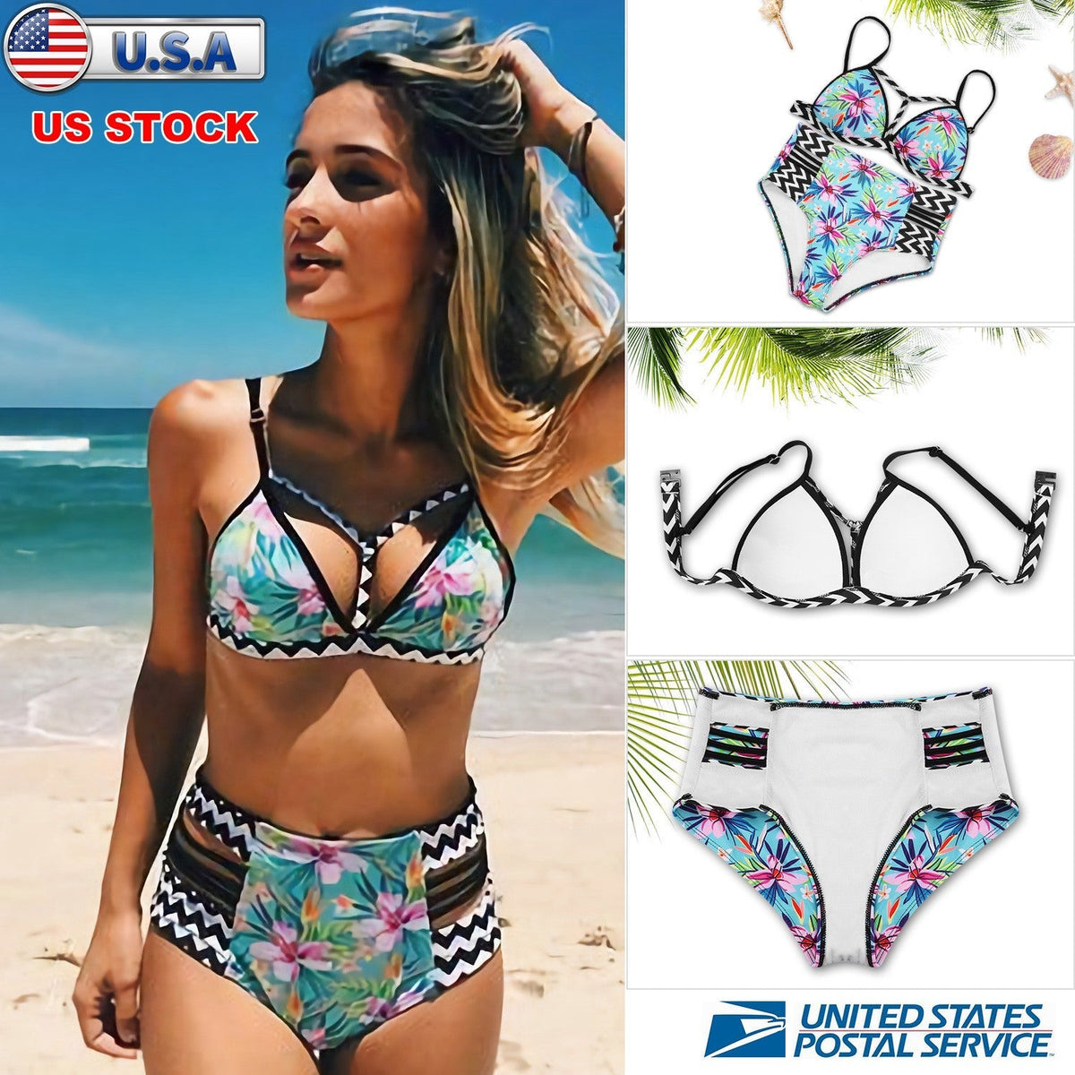 Bikini Swimsuit For Women Floral Padded Push Up Bikini Sets Two Pieces High-Waist Swimwear w/ Adjustable Shoulder Straps For Beach Swimming Pool