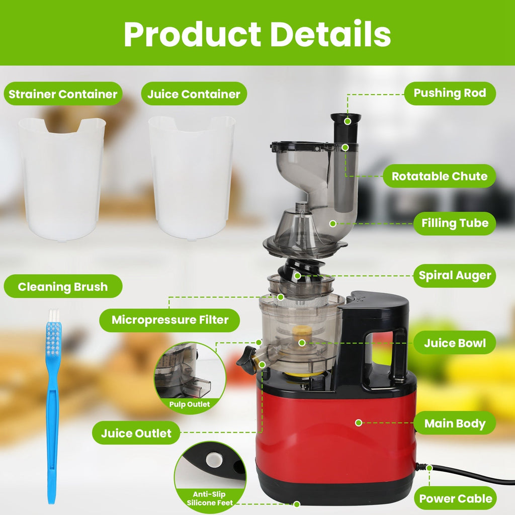 Cold Press Juicer Machine 300W Electric Slow Masticating Juicer for Whole Vegetable and Fruit with Reverse Function 2 Containers Cleaning Brush Clear