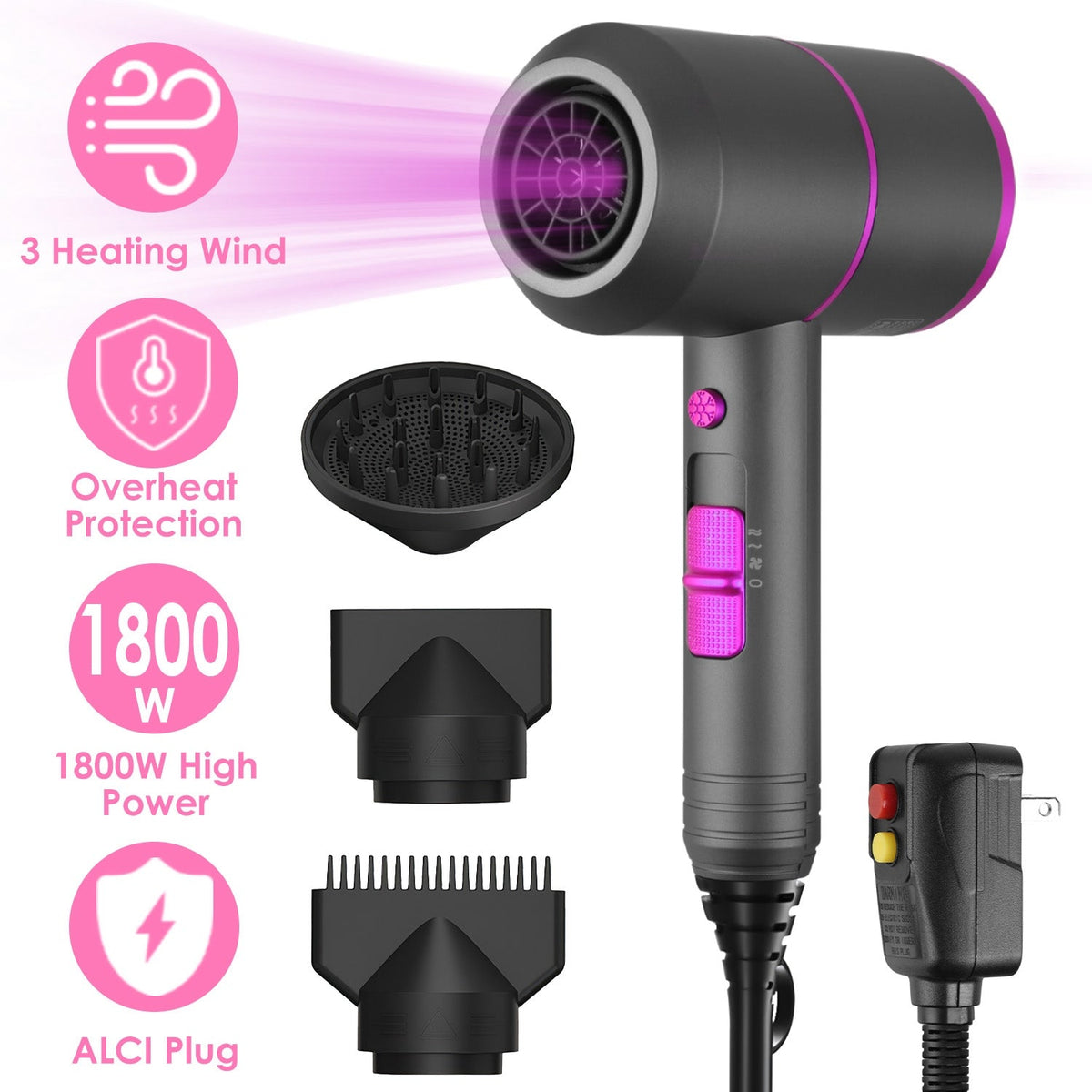 1800W Hair Dryer Portable Compact Hair Blow Dryer with Cool/Warm/Hot Wind with Diffuser Concentrator/Comb Nozzle ALCI Plug Overheat Protection for Wom