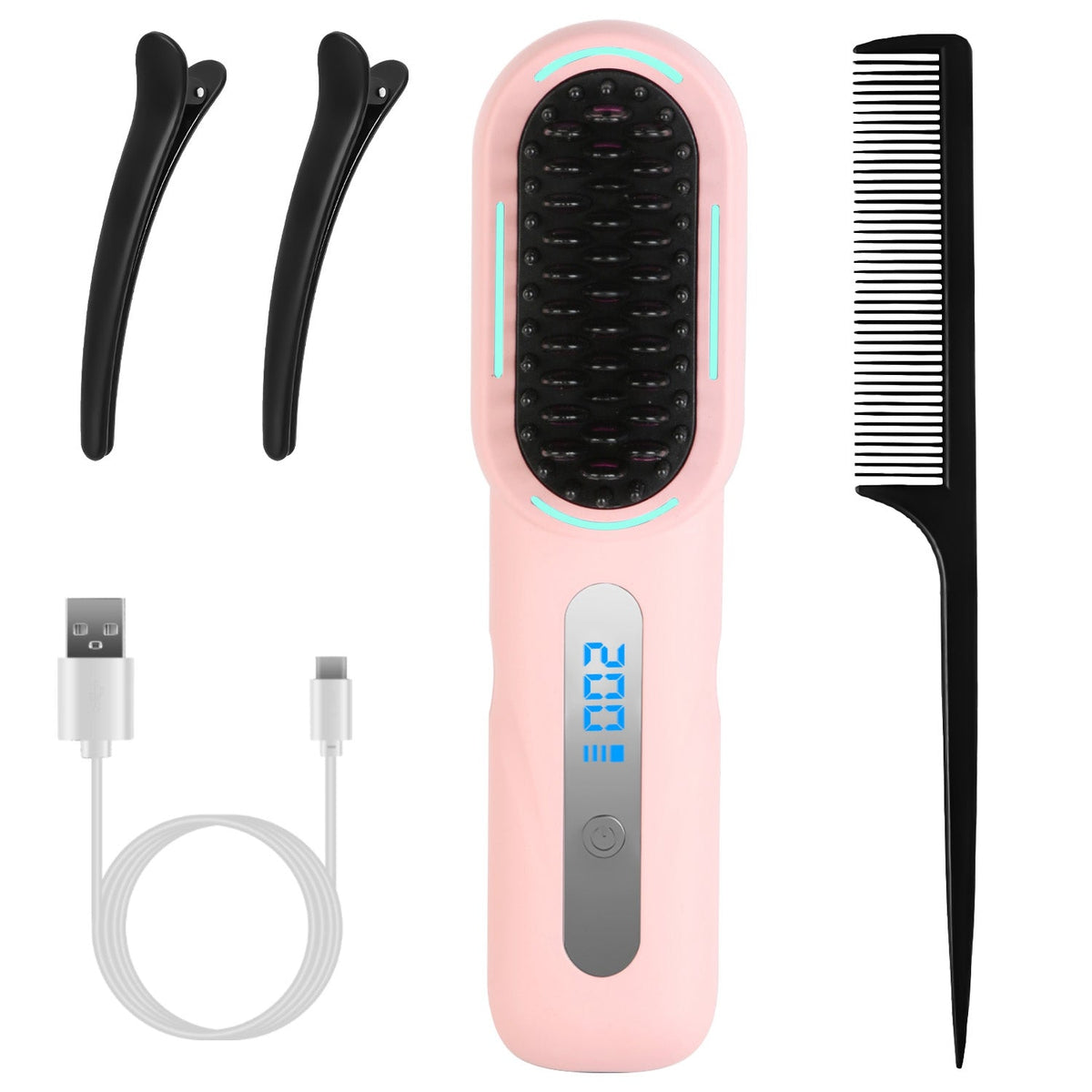 Cordless Hair Straightener Brush Rechargeable Mini Styling Comb with 4 Heating Levels Blue Light Sterilization Single press Stray Hair Removal 20Mins