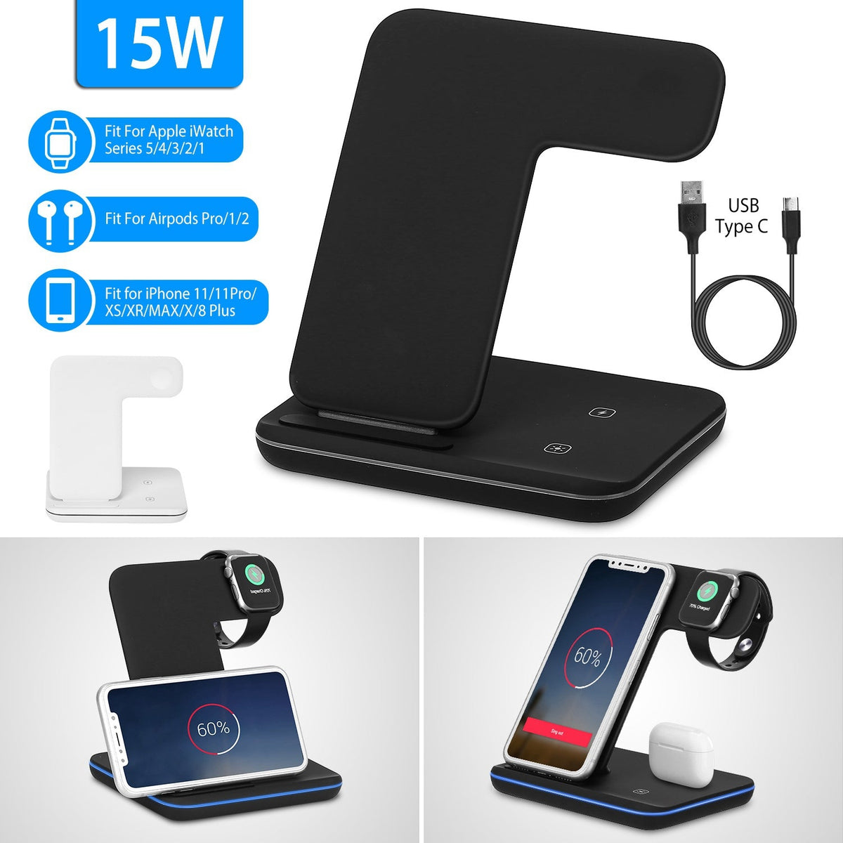 Wireless Charger 3 in 1 Charger Stand 15W Fast Charging Station Dock for iWatch Series 5/4/3/2/1 AirPods iPhone 11/11 Pro/Xs/X Max/XR/X/8/8Plus Samsun