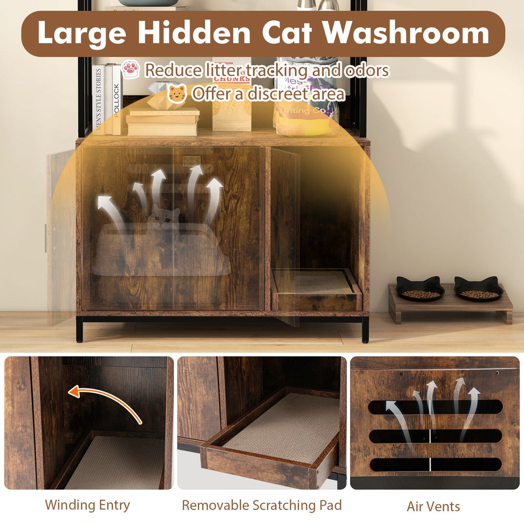 Cat Litter Box Enclosure with Storage and 3-tier Shelves-Rustic Brown