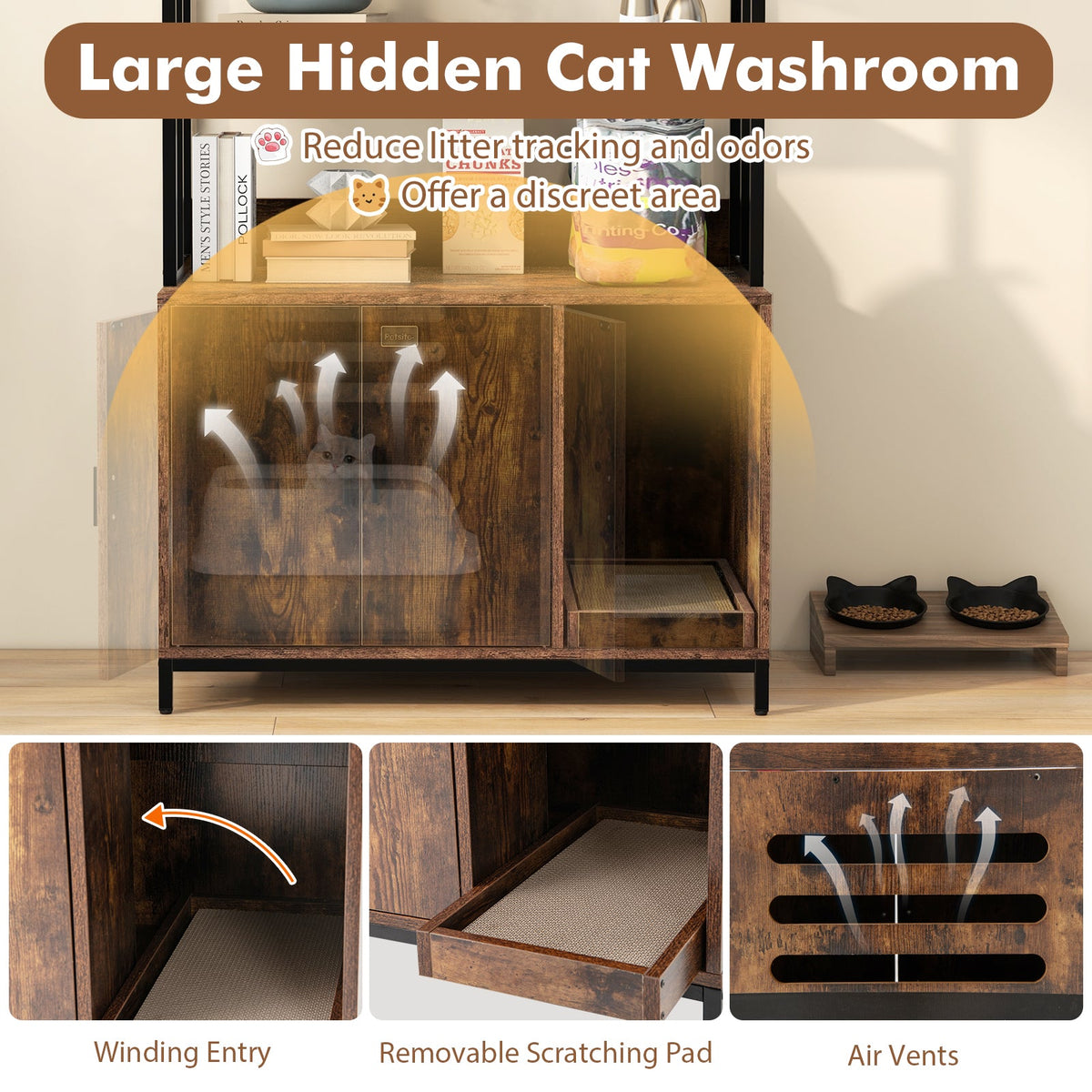 Cat Litter Box Enclosure with Storage and 3-tier Shelves-Rustic Brown