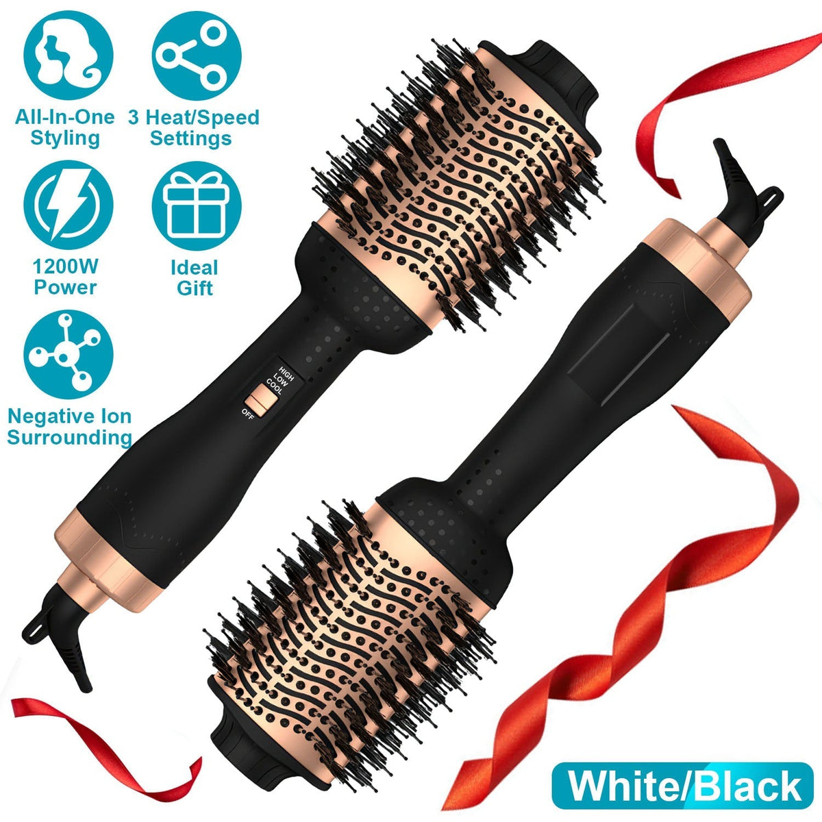4 In 1 Hair Dryer Brush Curling Brush Hair Styler Volumizer Straightener Negative Ion Anti-frizz Hot-Air Hair Brush for All Hair Types Black White
