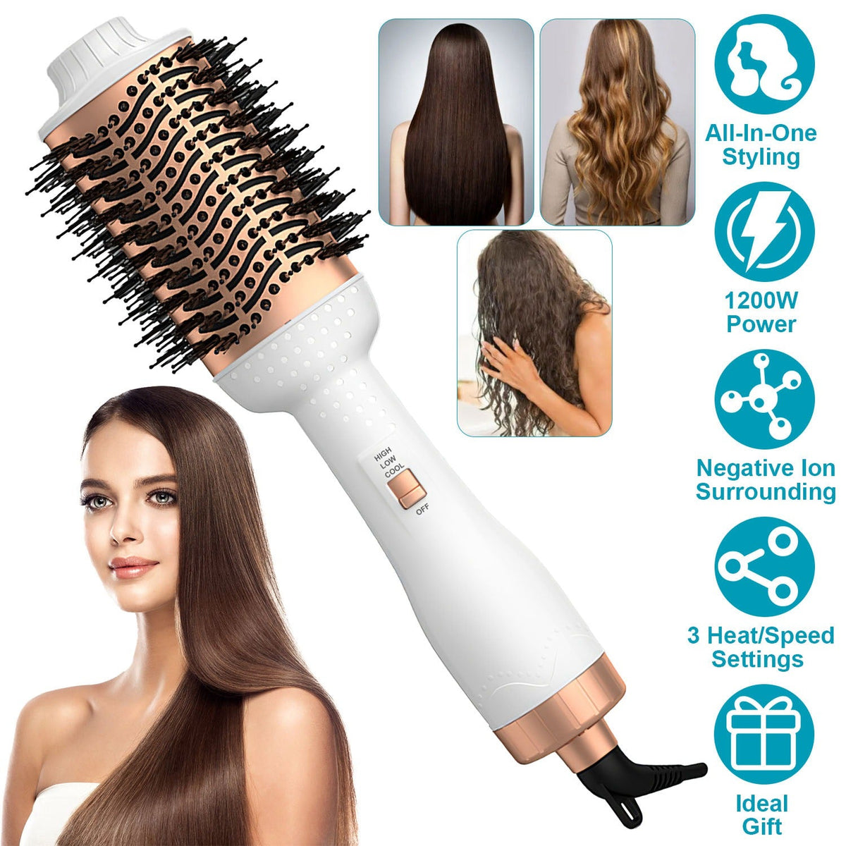 4 In 1 Hair Dryer Brush Curling Brush Hair Styler Volumizer Straightener Negative Ion Anti-frizz Hot-Air Hair Brush for All Hair Types Black White
