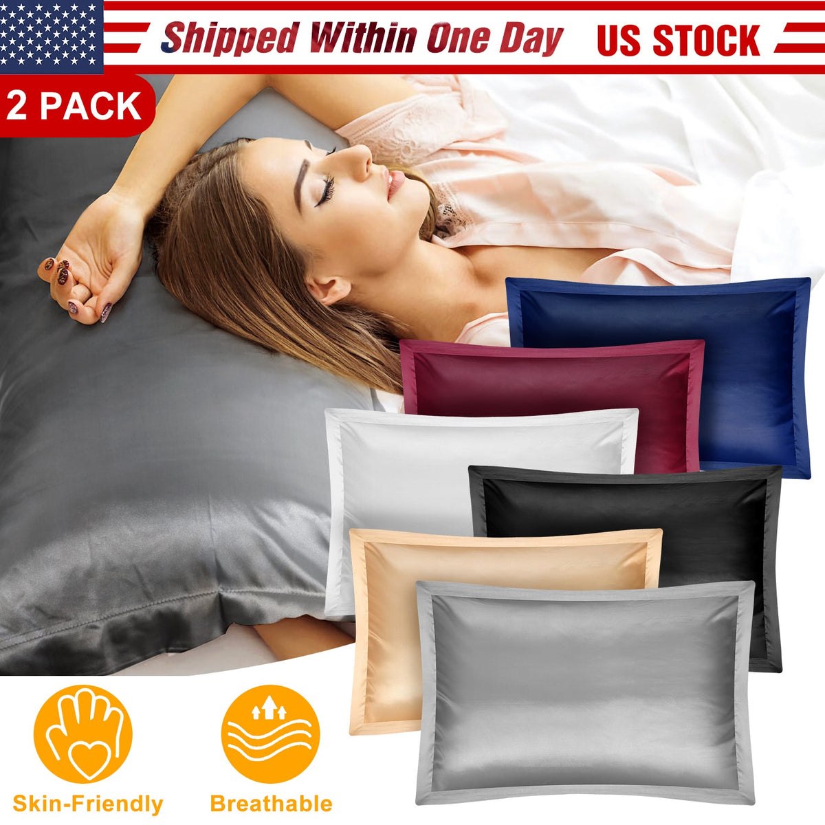 2 Pack Soft Silky Satin Pillow Case Hypoallergenic Breathable Bed Pillow Cover Queen Size Pillowcase Great for Hair Skin