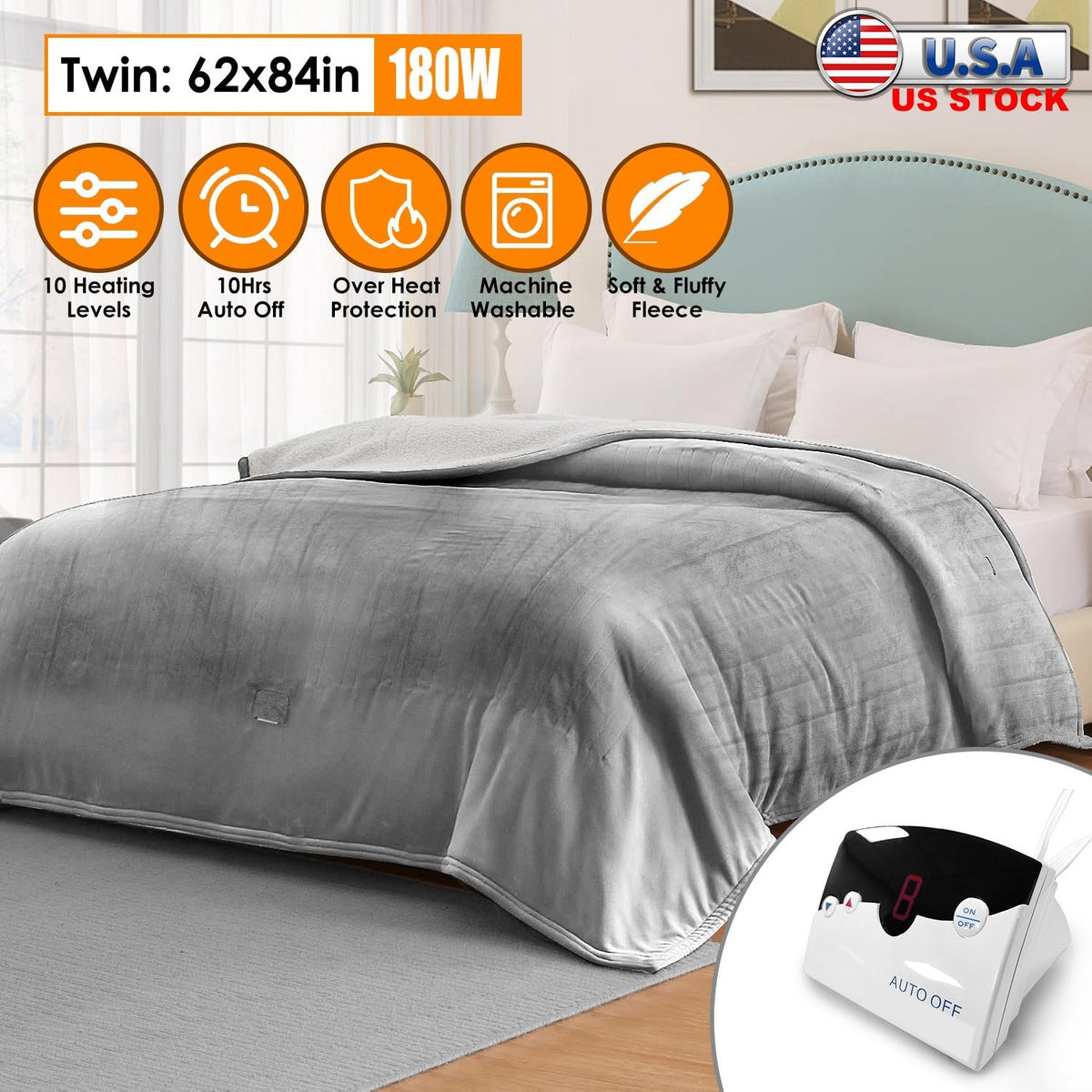 Electric Heated Twin Size Fleece Heated Blanket with 10 Heating Levels 10 Hours Auto Off Machine Washable for Home Office Usage 62x84in