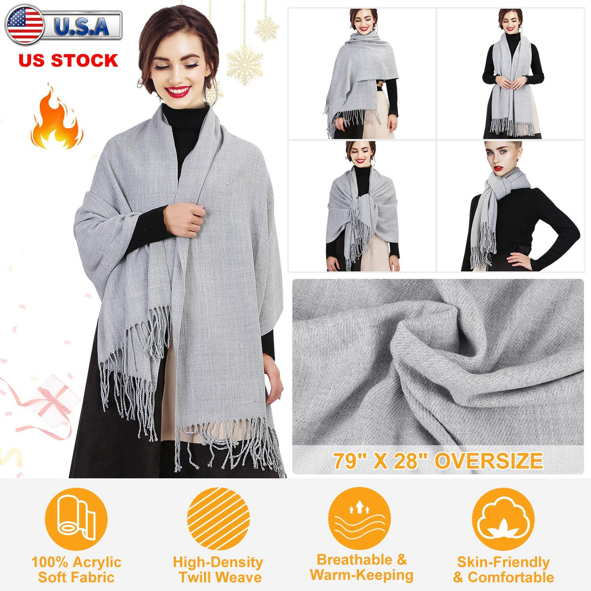 Mens Womens Oversize Cashmere Wool Shawl Wraps Blanket Winter Solid Scarf Soft Pashmina 79" X 28"
