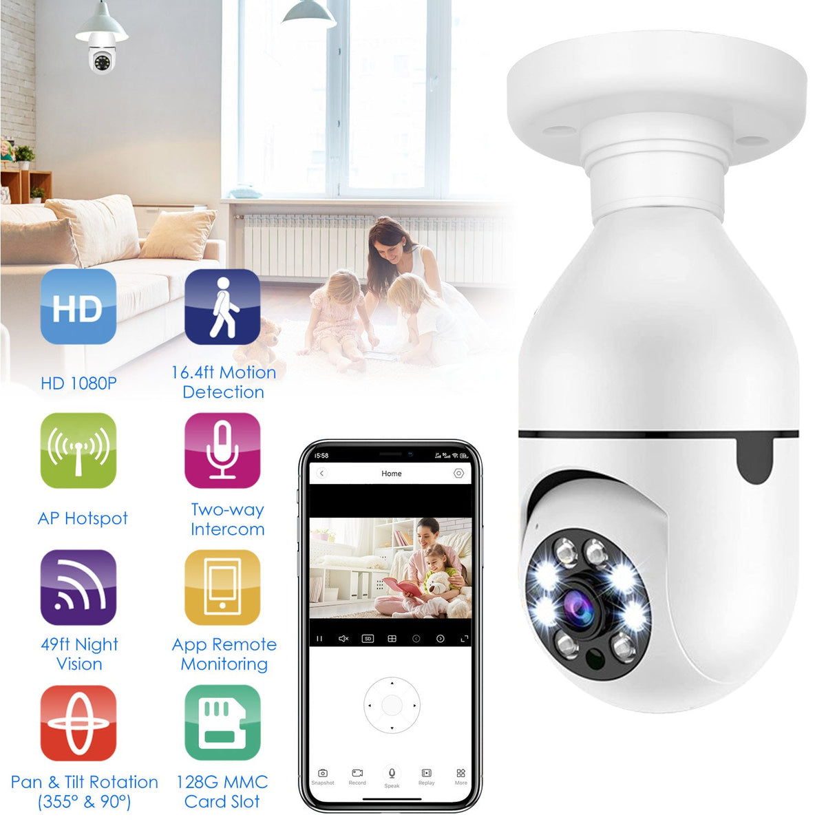 E27 WiFi Bulb Camera 1080P FHD WiFi IP Pan Tilt Security Surveillance Camera with Two-Way Audio Night Vision Motion Detection Function APP Control